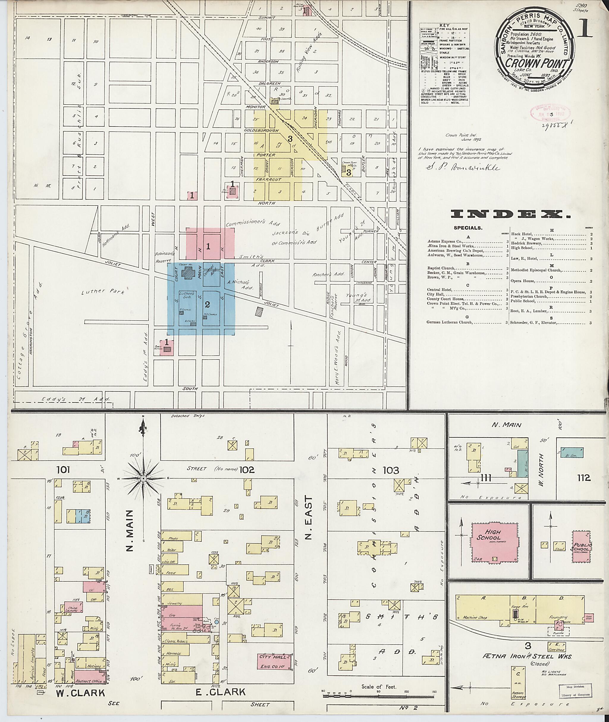 This old map of Crown Point, Lake County, Indiana was created by Sanborn Map Company in 1892