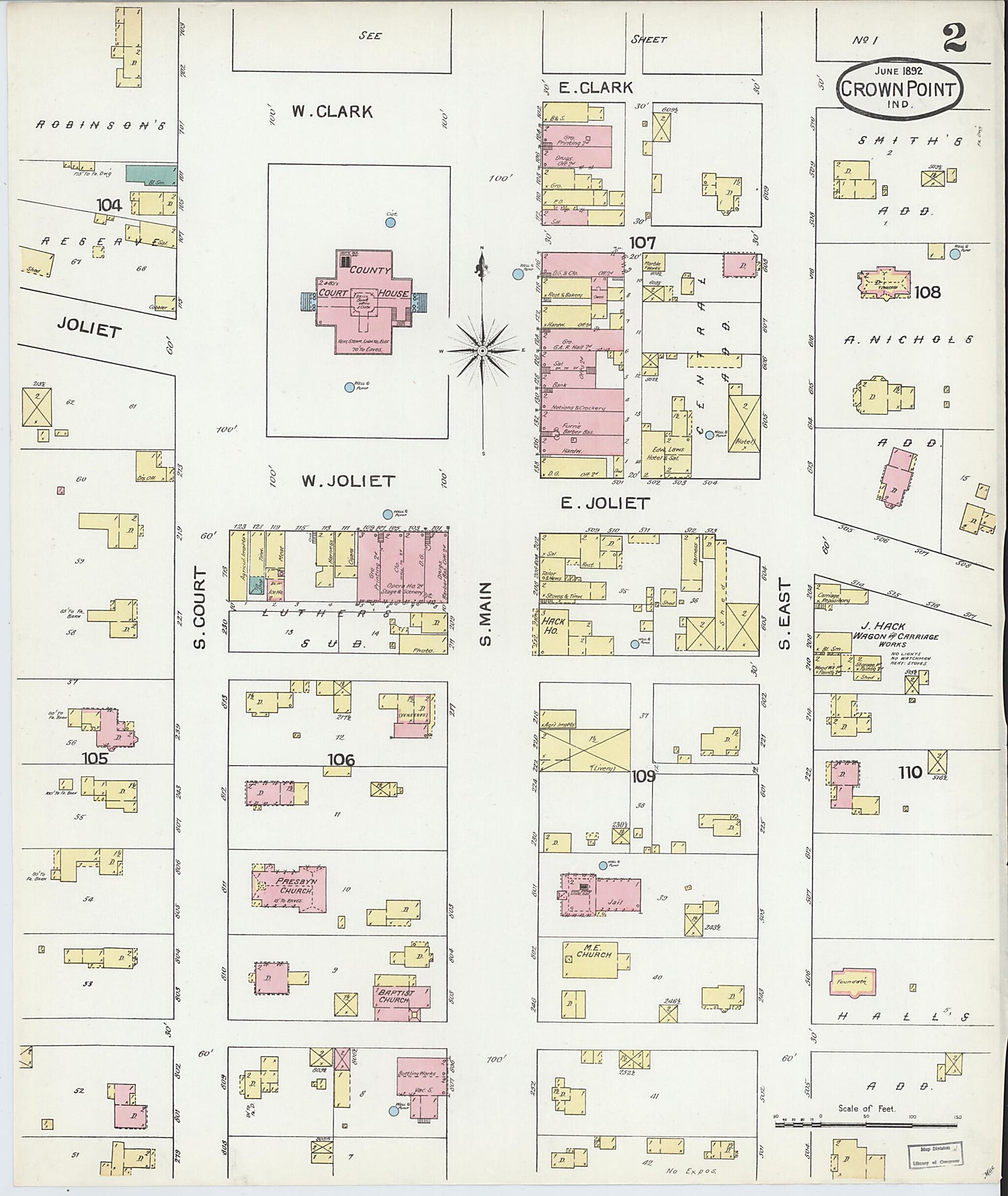 This old map of Crown Point, Lake County, Indiana was created by Sanborn Map Company in 1892