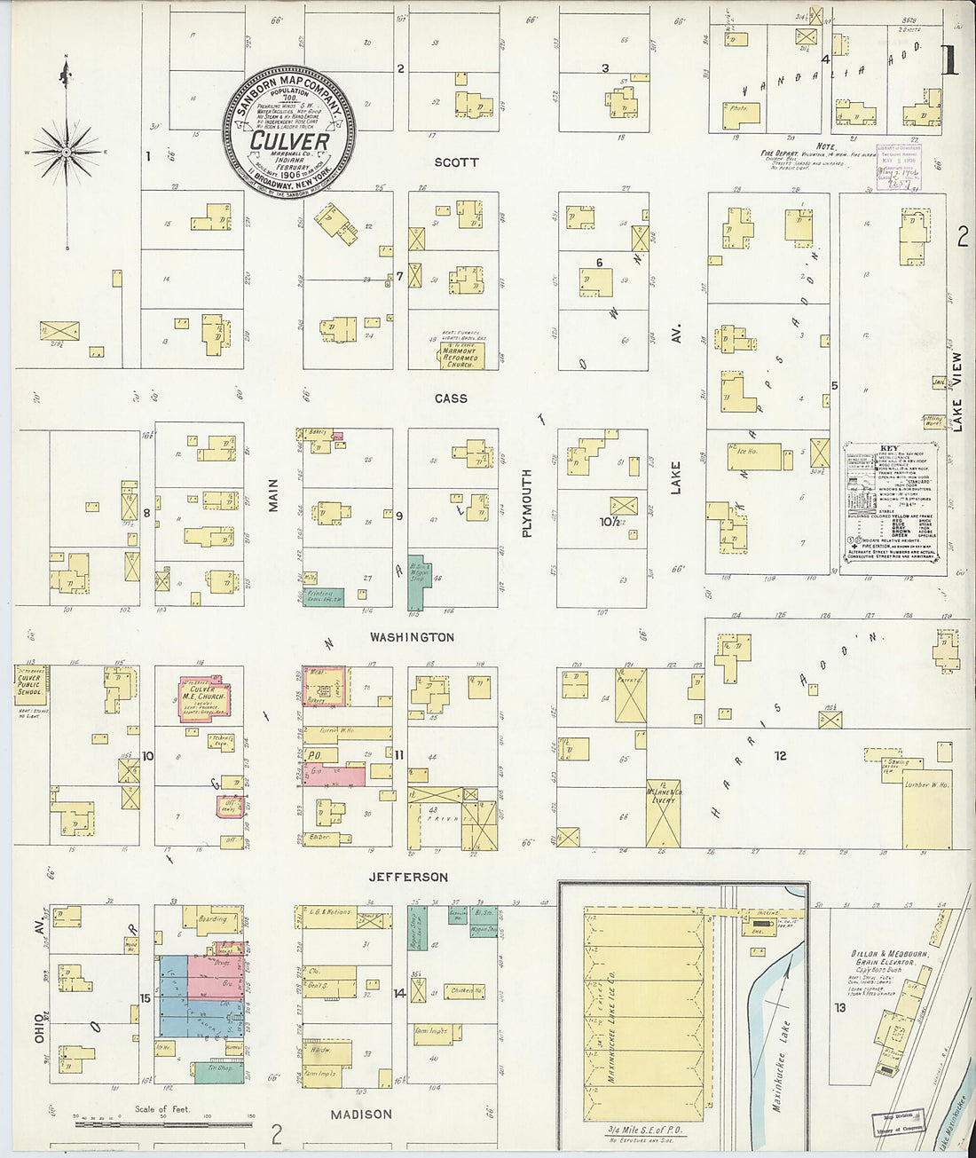 This old map of Culver, Marshall County, Indiana was created by Sanborn Map Company in 1906