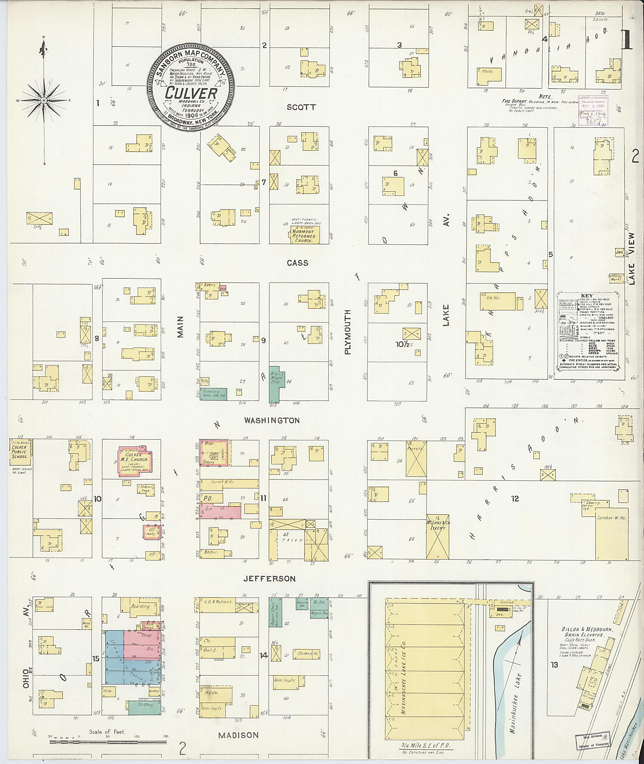 This old map of Culver, Marshall County, Indiana was created by Sanborn Map Company in 1906