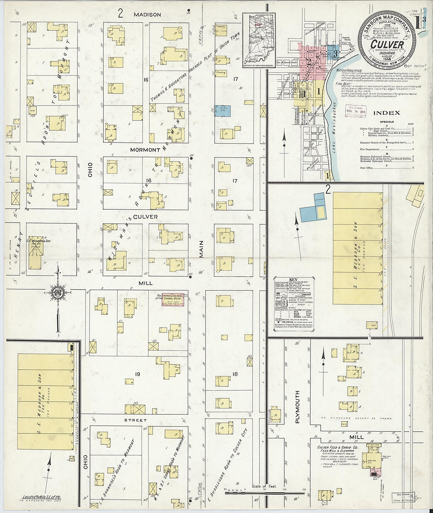 This old map of Culver, Marshall County, Indiana was created by Sanborn Map Company in 1914