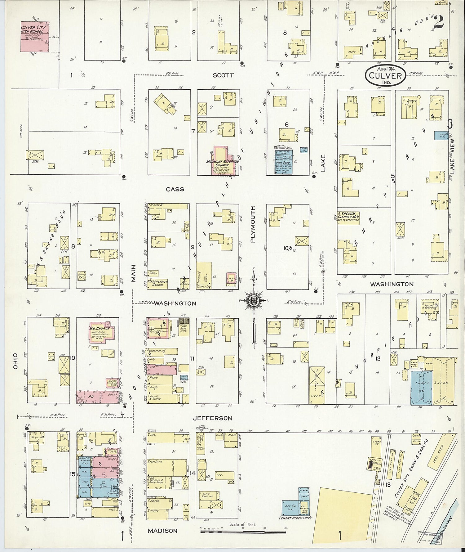 This old map of Culver, Marshall County, Indiana was created by Sanborn Map Company in 1914