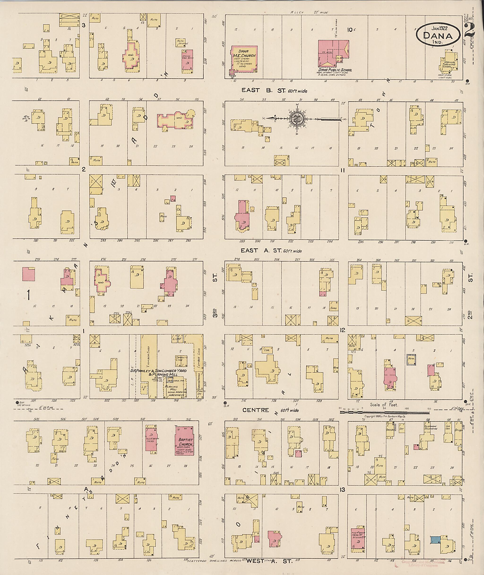 This old map of Dana, Vermillion County, Indiana was created by Sanborn Map Company in 1922