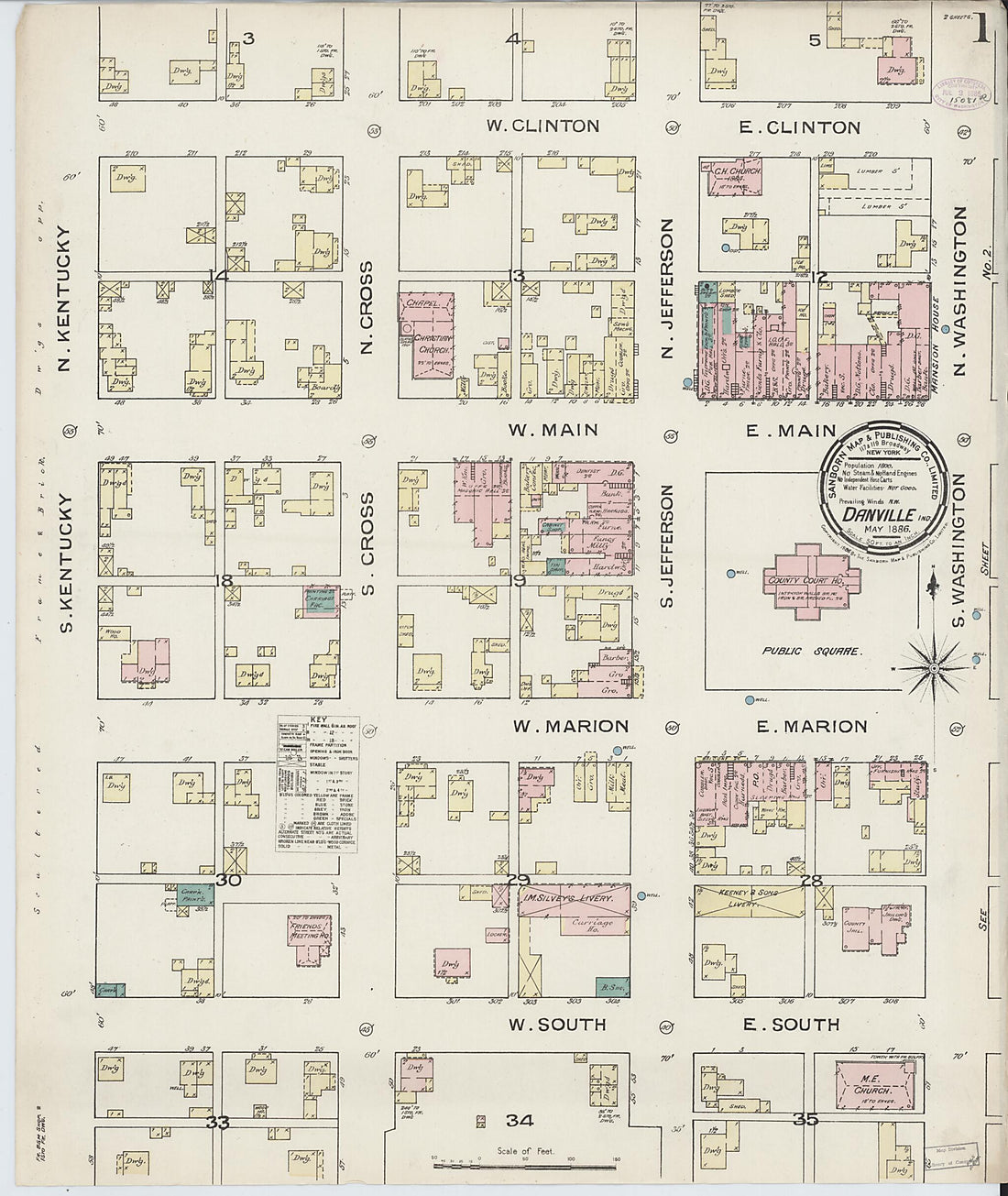 This old map of Danville, Hendricks County, Indiana was created by Sanborn Map Company in 1886