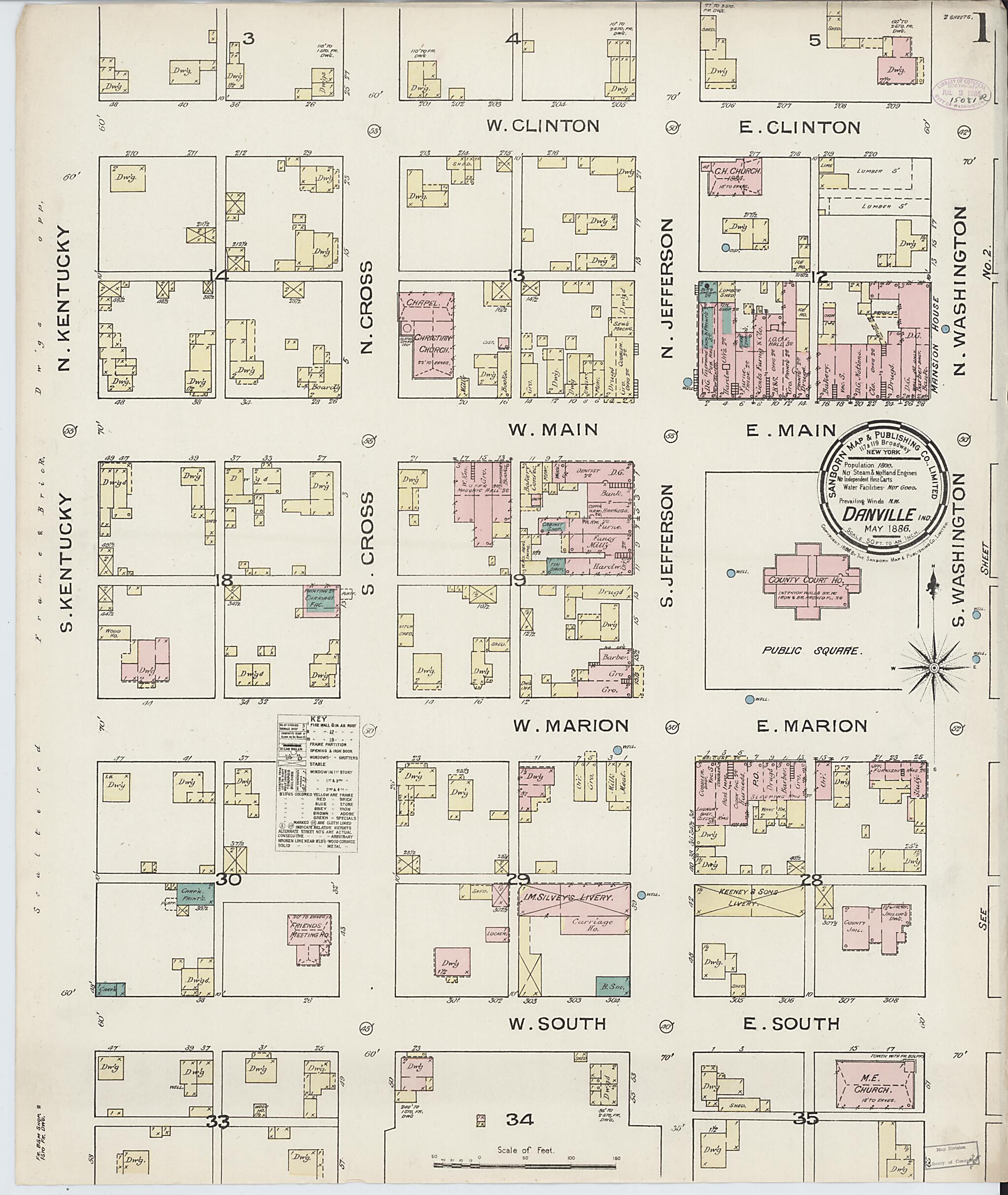 This old map of Danville, Hendricks County, Indiana was created by Sanborn Map Company in 1886