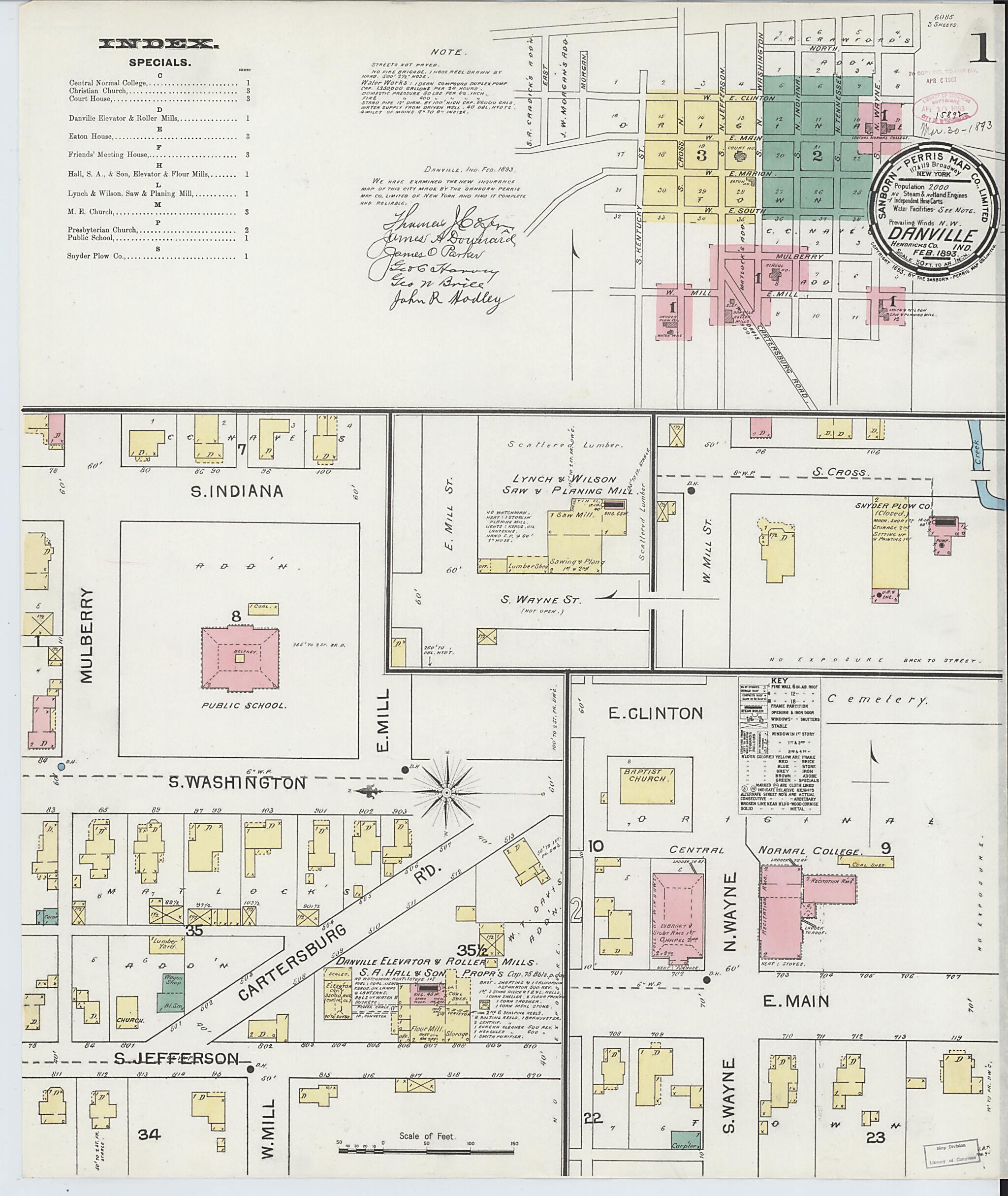 This old map of Danville, Hendricks County, Indiana was created by Sanborn Map Company in 1893