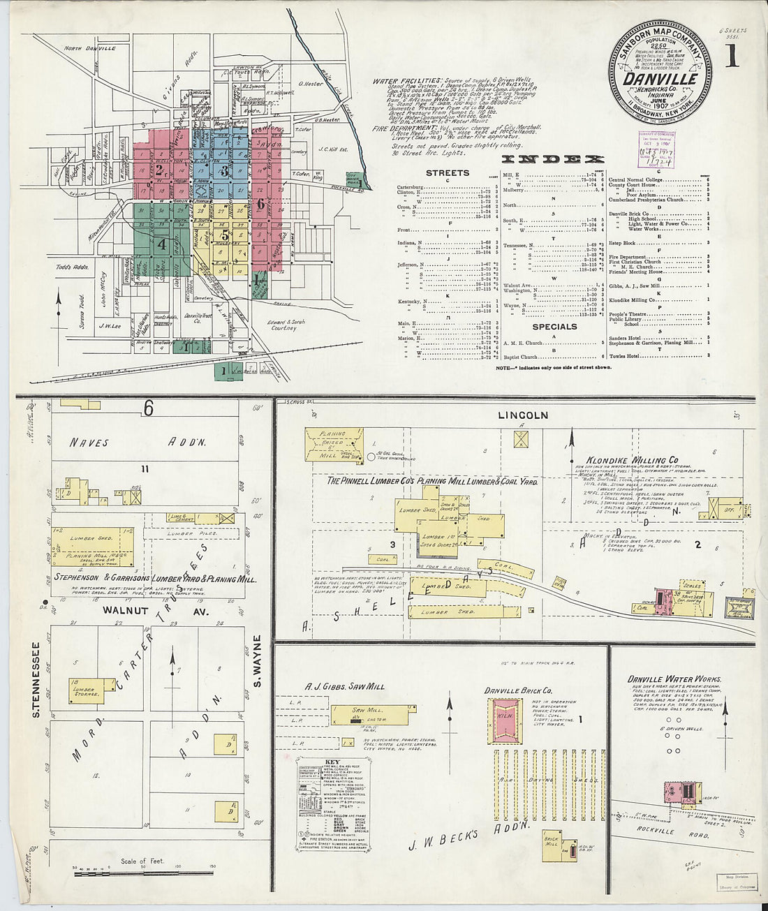 This old map of Danville, Hendricks County, Indiana was created by Sanborn Map Company in 1907