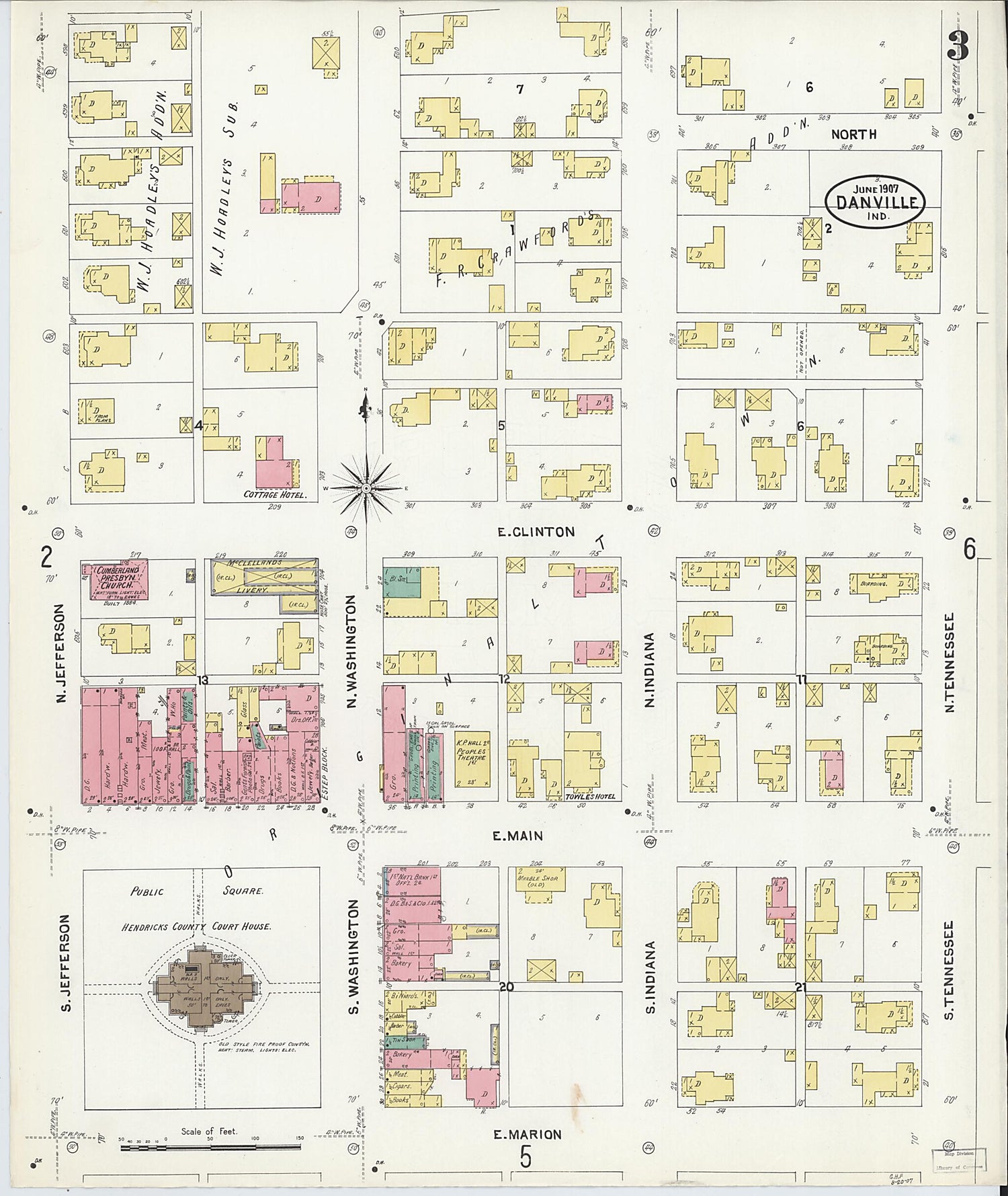 This old map of Danville, Hendricks County, Indiana was created by Sanborn Map Company in 1907