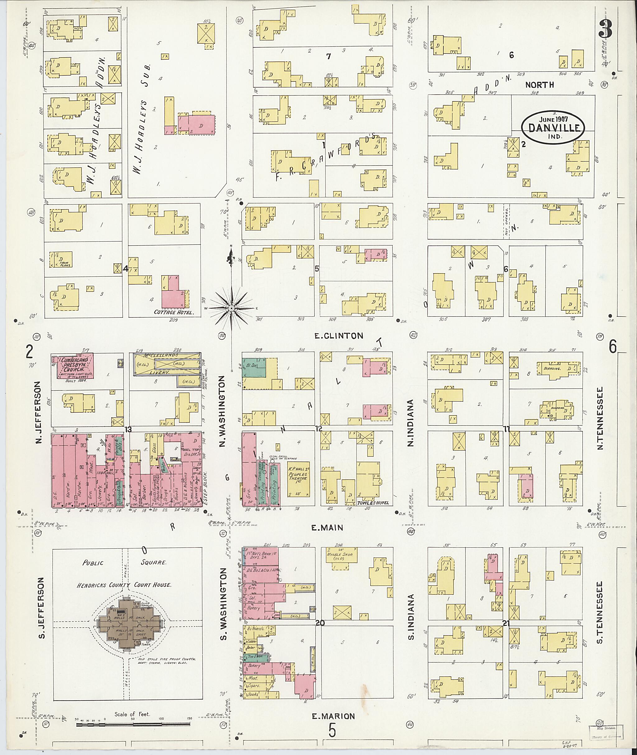 This old map of Danville, Hendricks County, Indiana was created by Sanborn Map Company in 1907