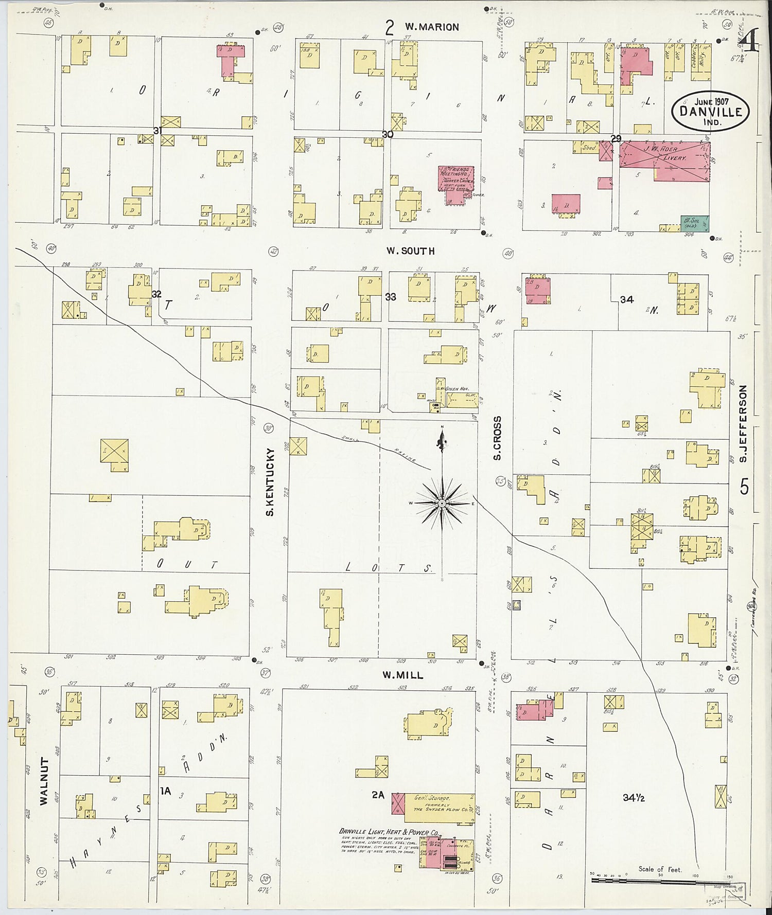 This old map of Danville, Hendricks County, Indiana was created by Sanborn Map Company in 1907