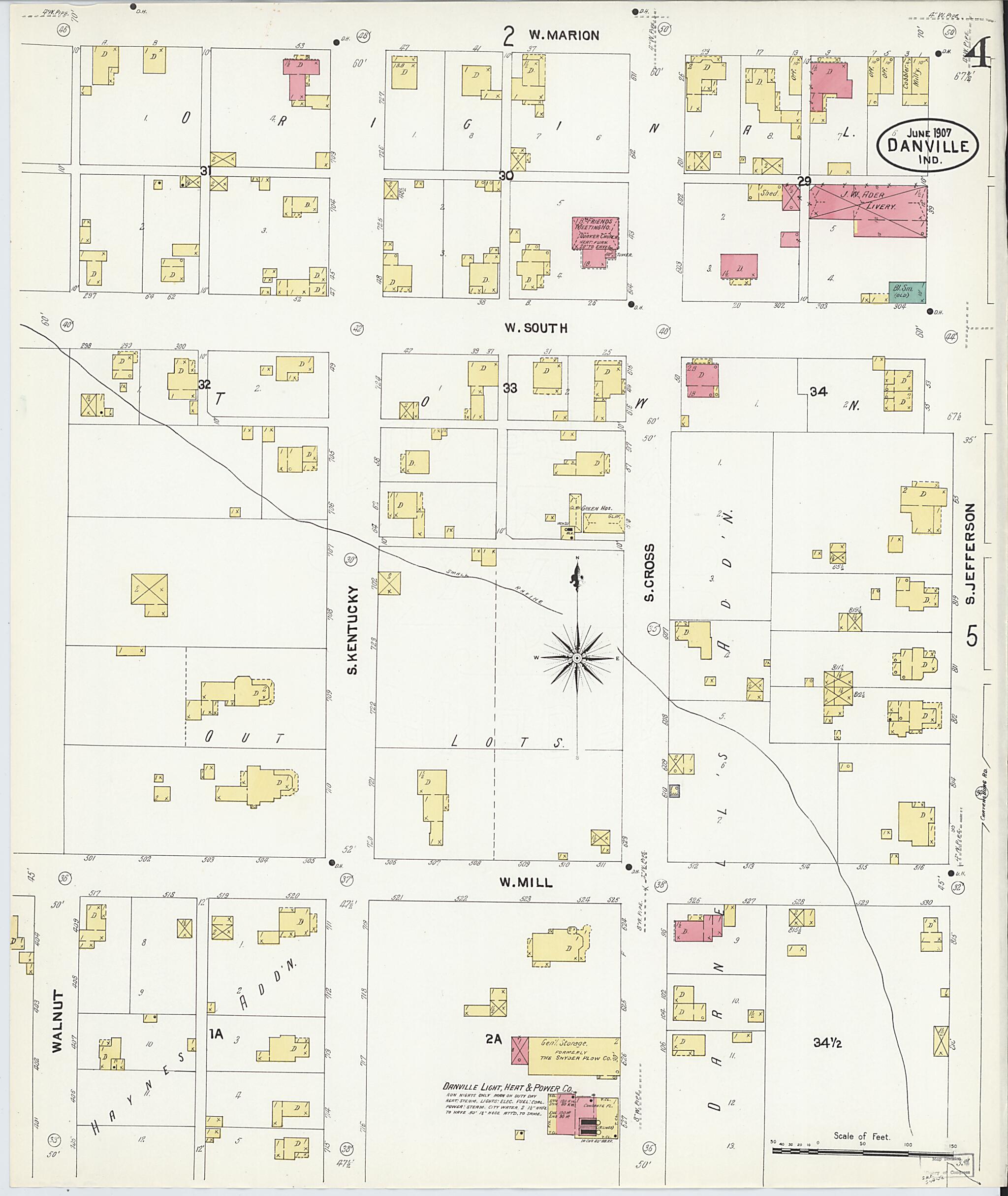 This old map of Danville, Hendricks County, Indiana was created by Sanborn Map Company in 1907