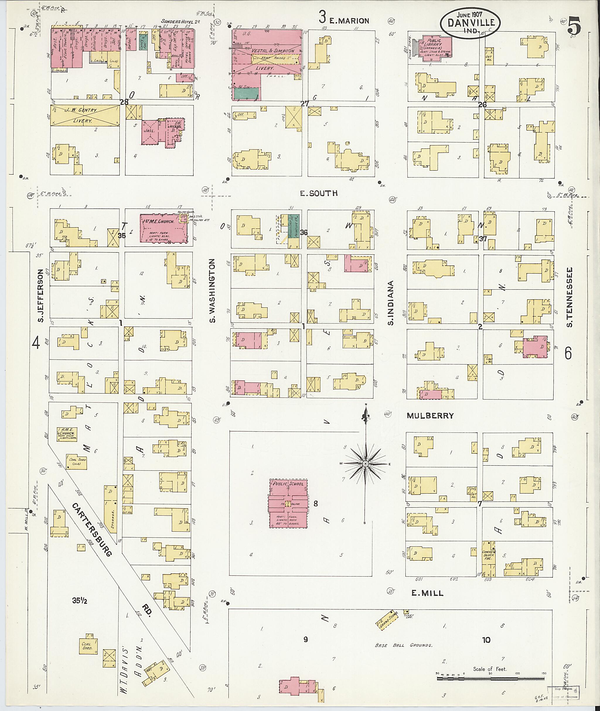 This old map of Danville, Hendricks County, Indiana was created by Sanborn Map Company in 1907