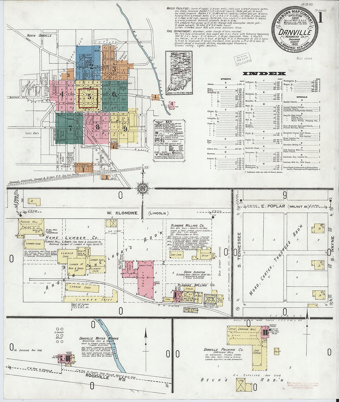 This old map of Danville, Hendricks County, Indiana was created by Sanborn Map Company in 1920