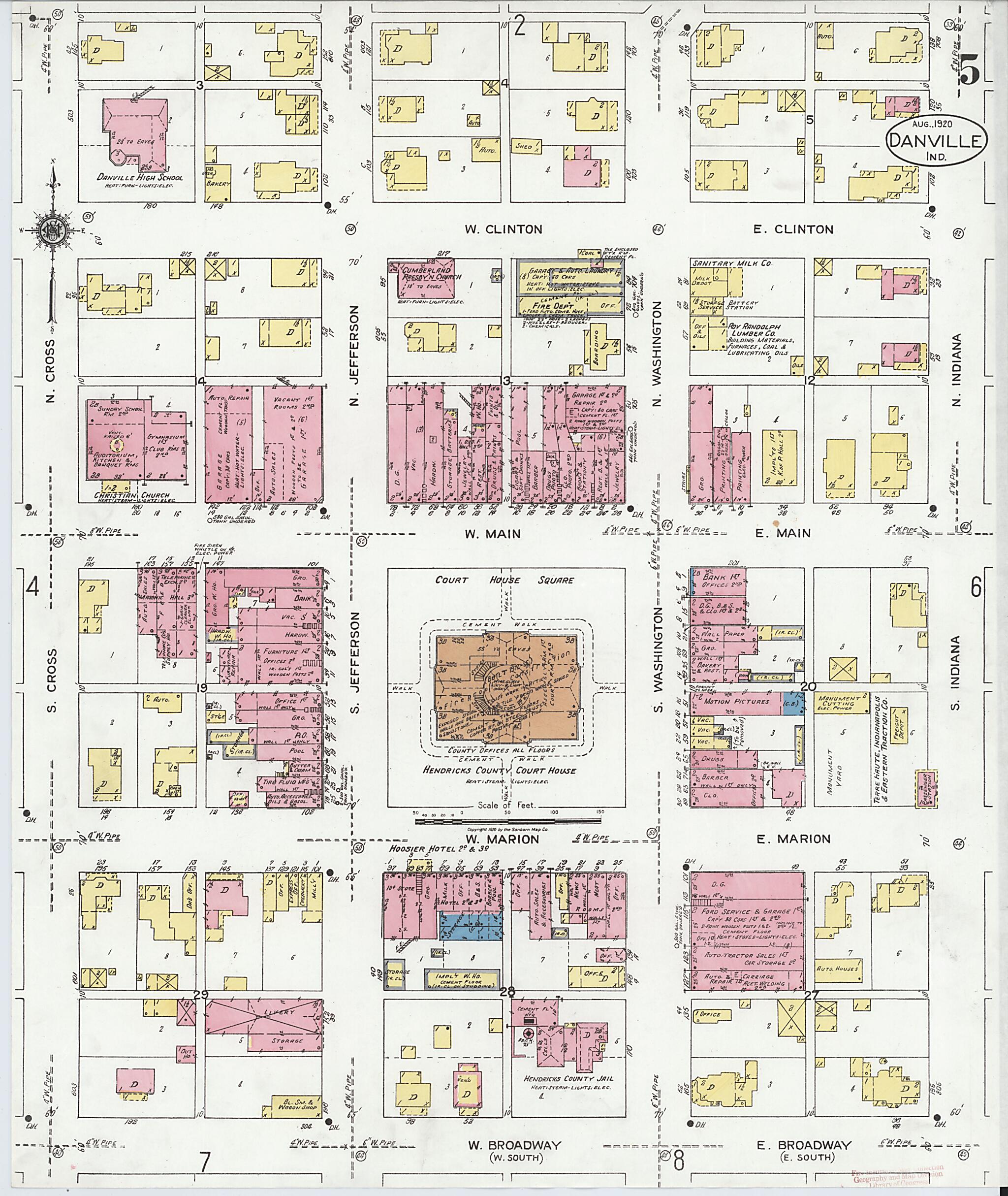 This old map of Danville, Hendricks County, Indiana was created by Sanborn Map Company in 1920