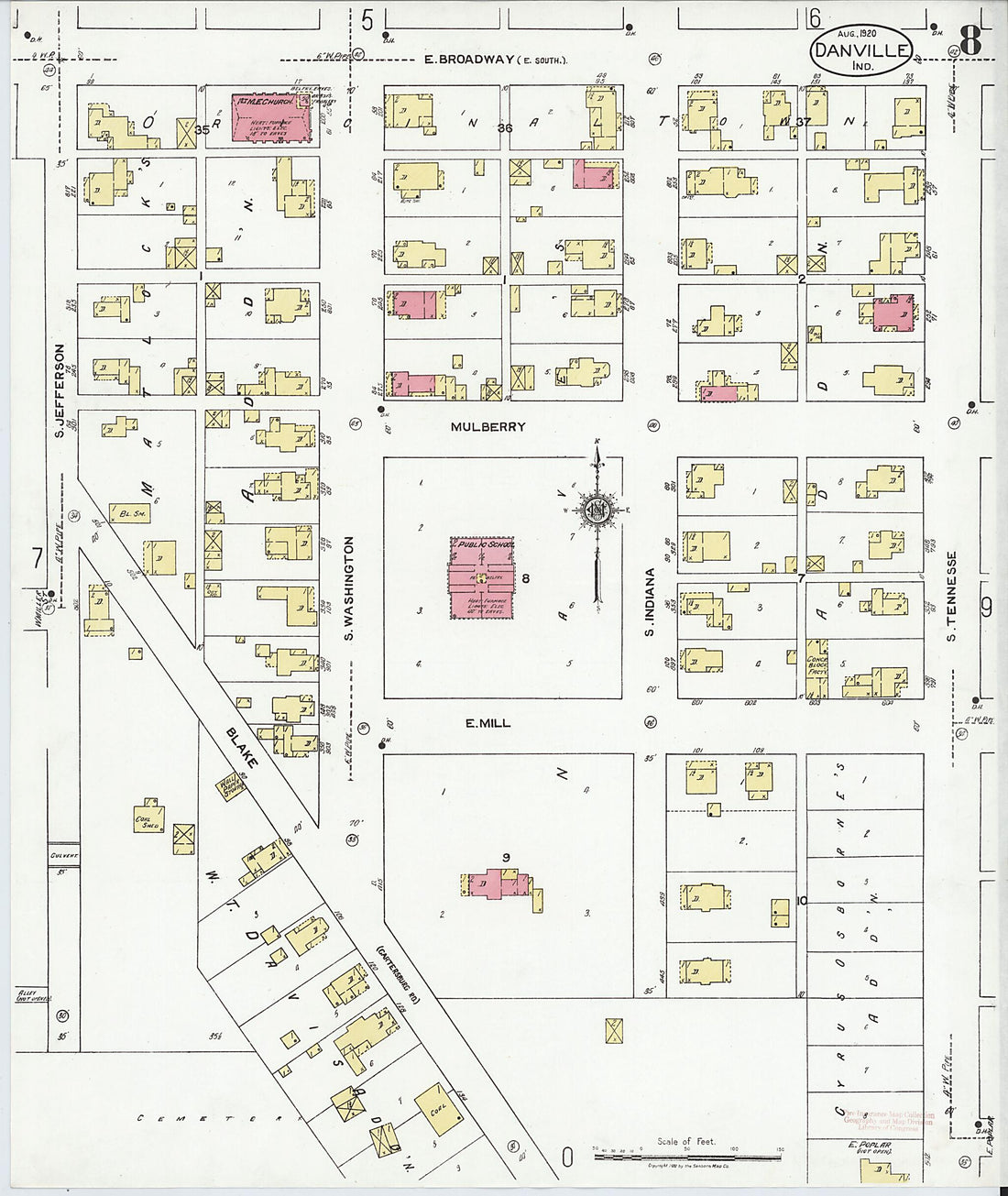 This old map of Danville, Hendricks County, Indiana was created by Sanborn Map Company in 1920