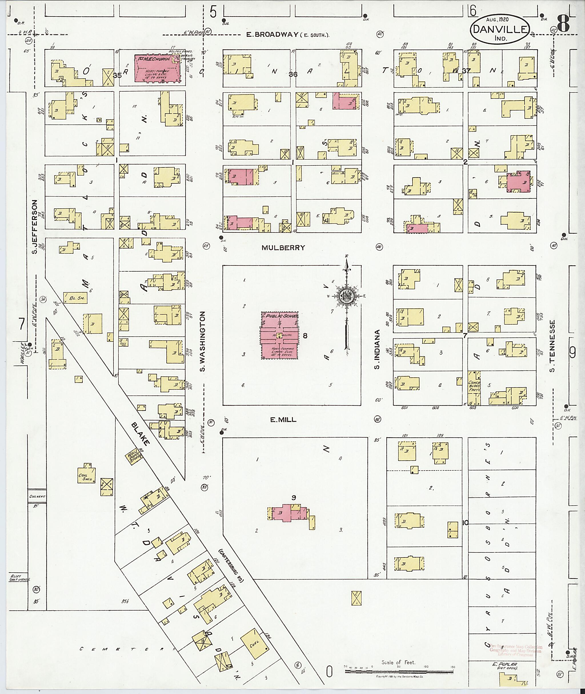 This old map of Danville, Hendricks County, Indiana was created by Sanborn Map Company in 1920