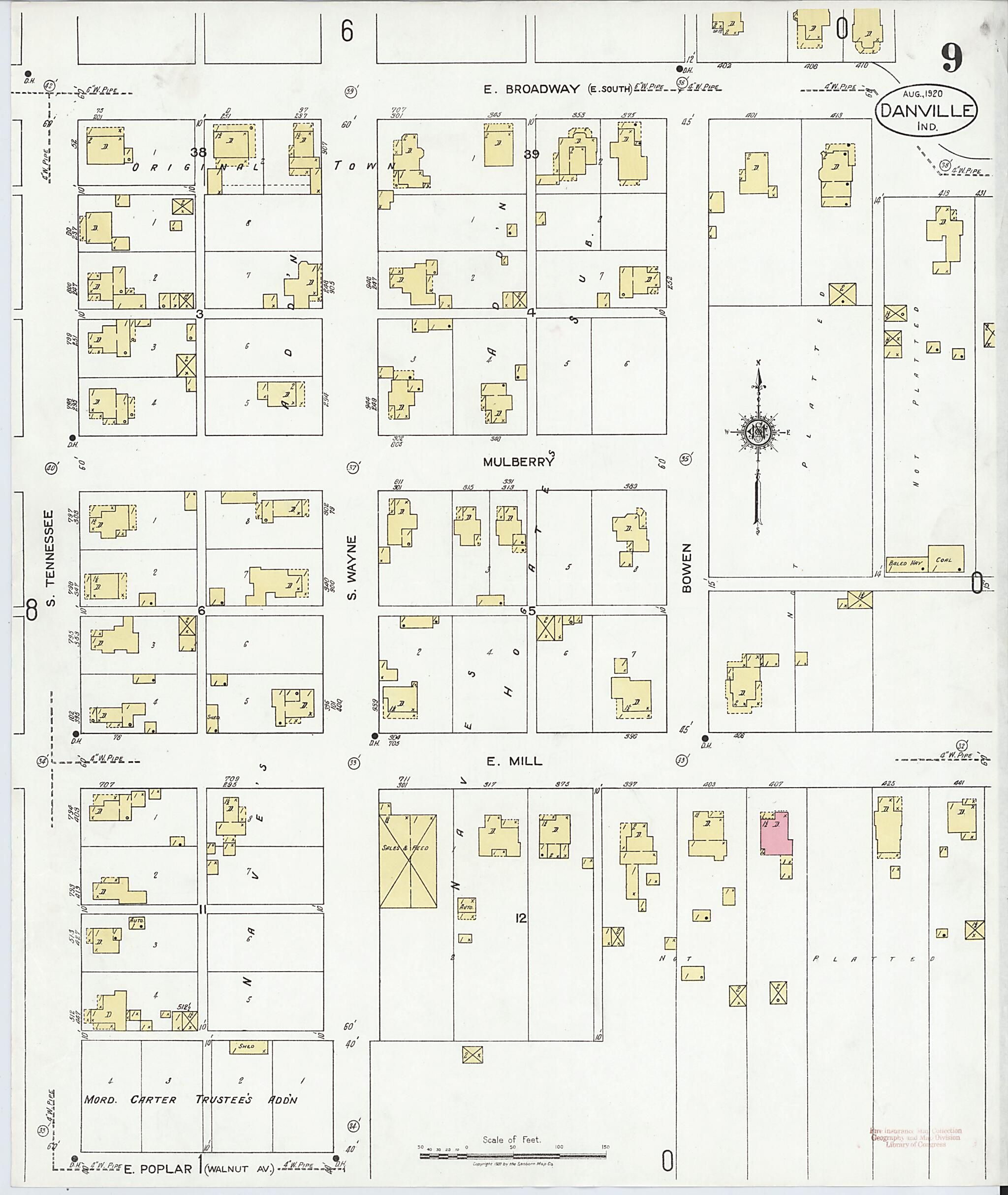 This old map of Danville, Hendricks County, Indiana was created by Sanborn Map Company in 1920