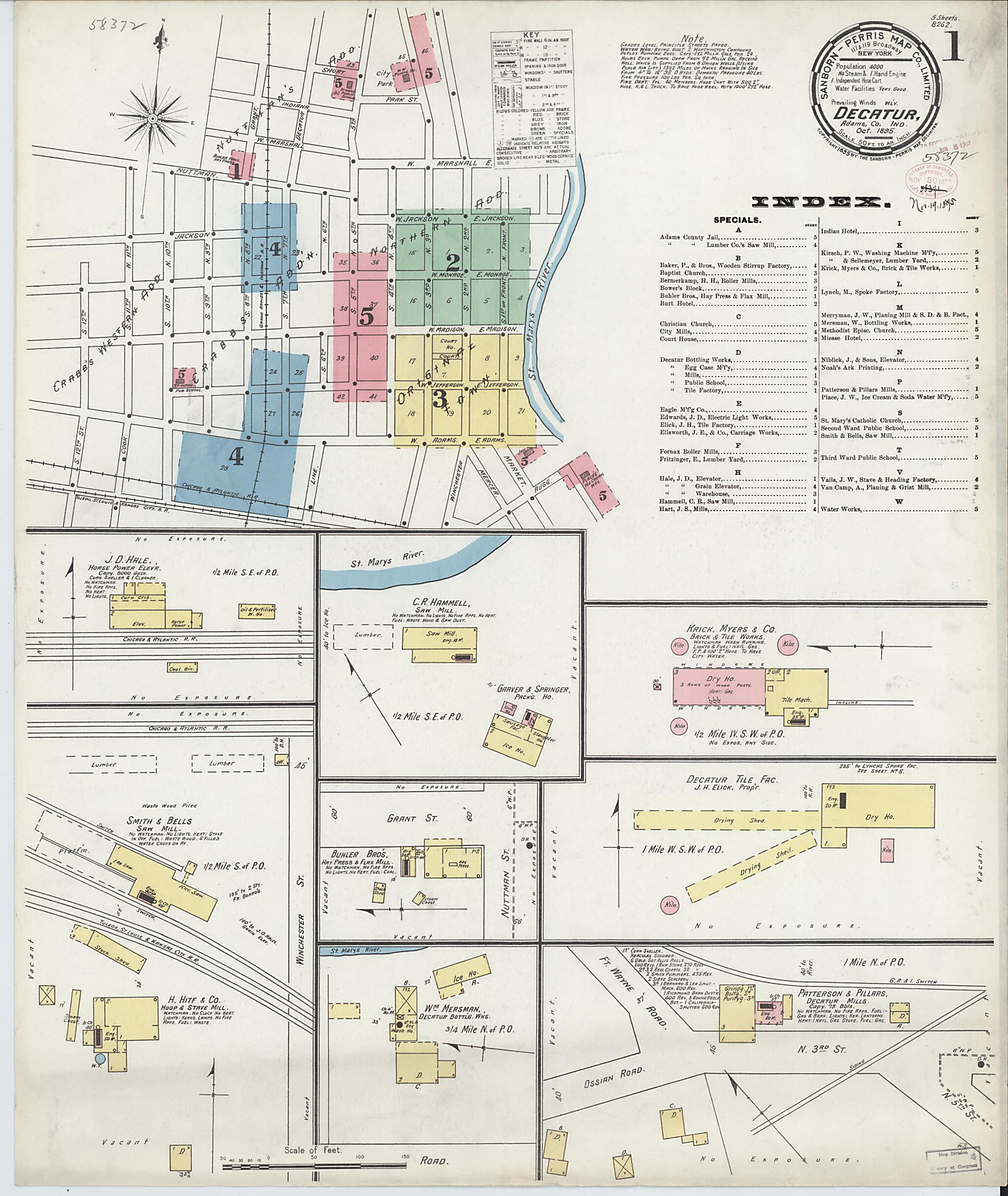 This old map of Decatur, Adams County, Indiana was created by Sanborn Map Company in 1895