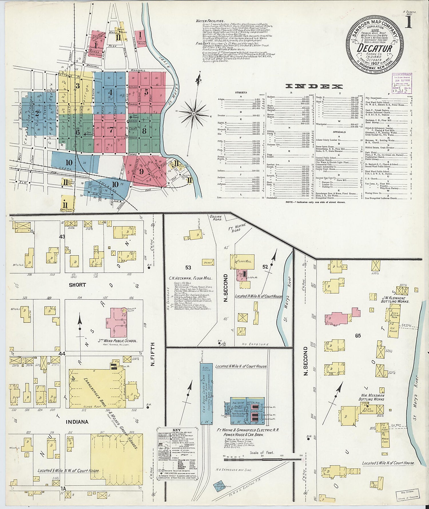 This old map of Decatur, Adams County, Indiana was created by Sanborn Map Company in 1907