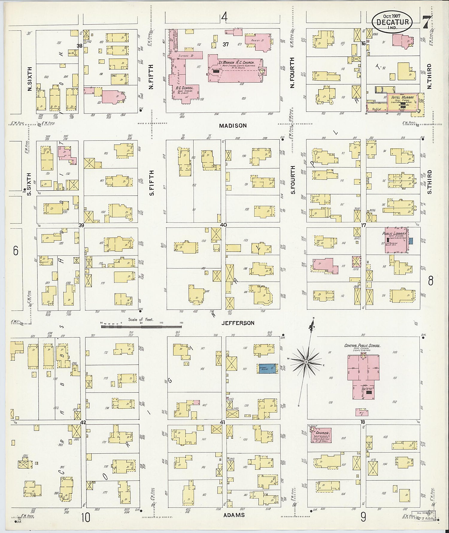 This old map of Decatur, Adams County, Indiana was created by Sanborn Map Company in 1907