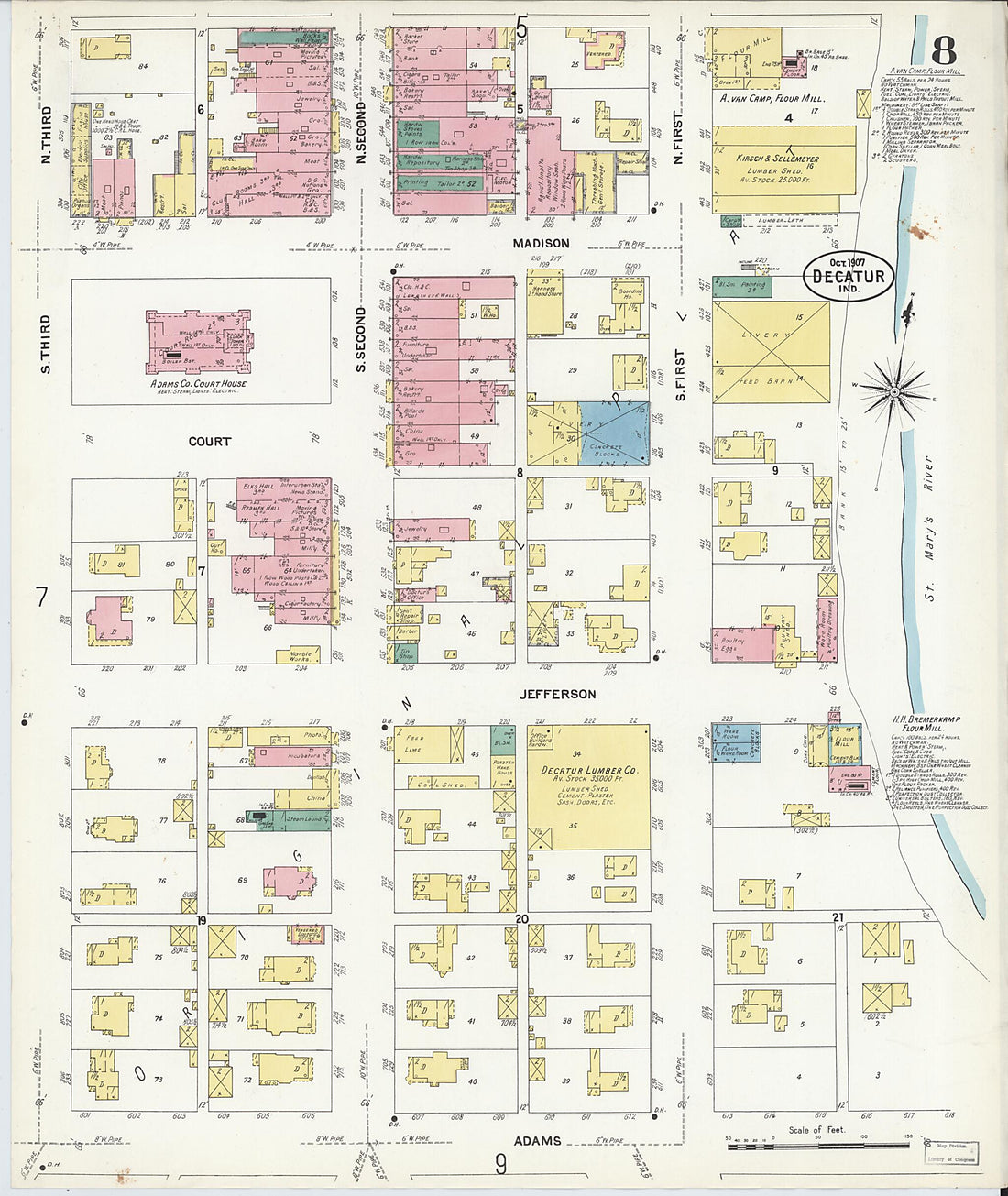 This old map of Decatur, Adams County, Indiana was created by Sanborn Map Company in 1907