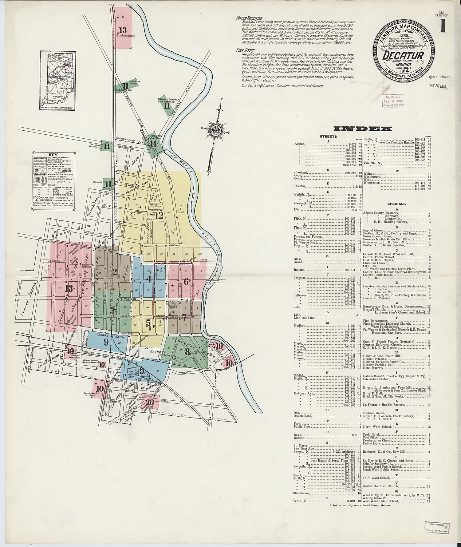 This old map of Decatur, Adams County, Indiana was created by Sanborn Map Company in 1914