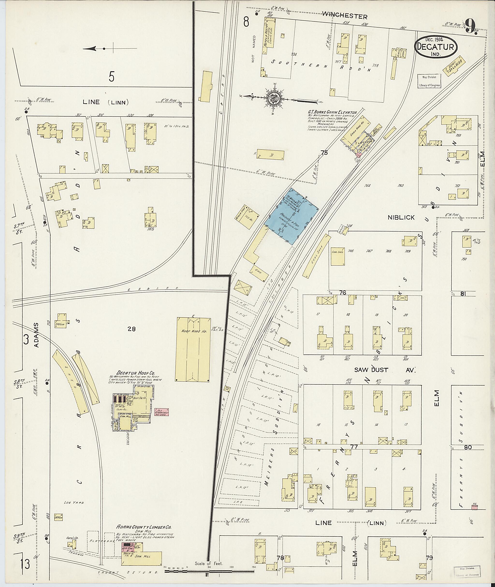 This old map of Decatur, Adams County, Indiana was created by Sanborn Map Company in 1914