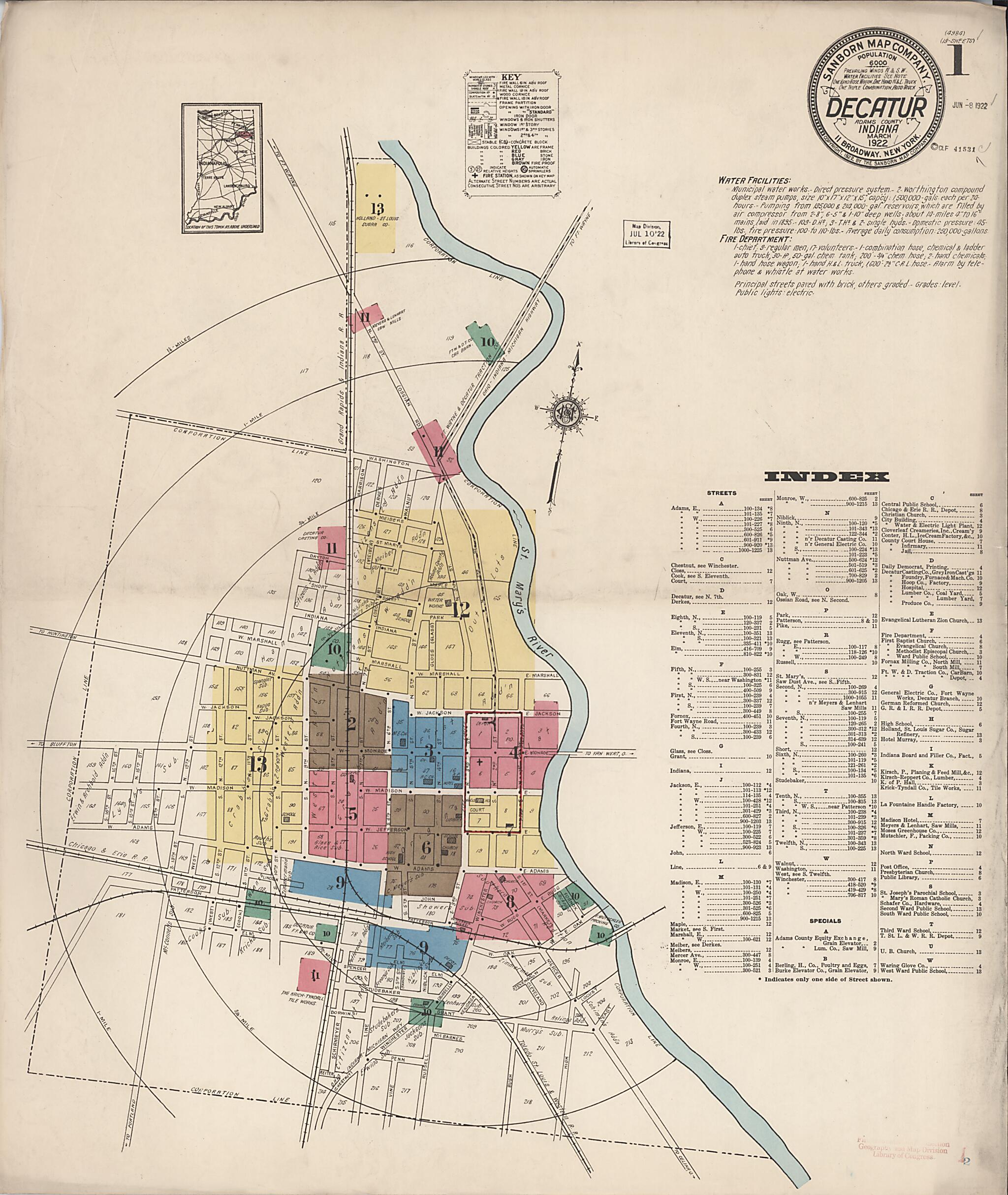 This old map of Decatur, Adams County, Indiana was created by Sanborn Map Company in 1922