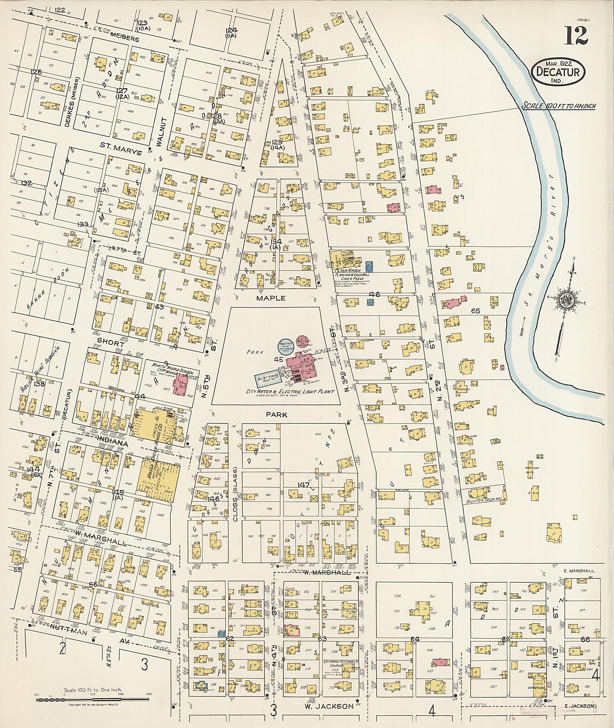 This old map of Decatur, Adams County, Indiana was created by Sanborn Map Company in 1922