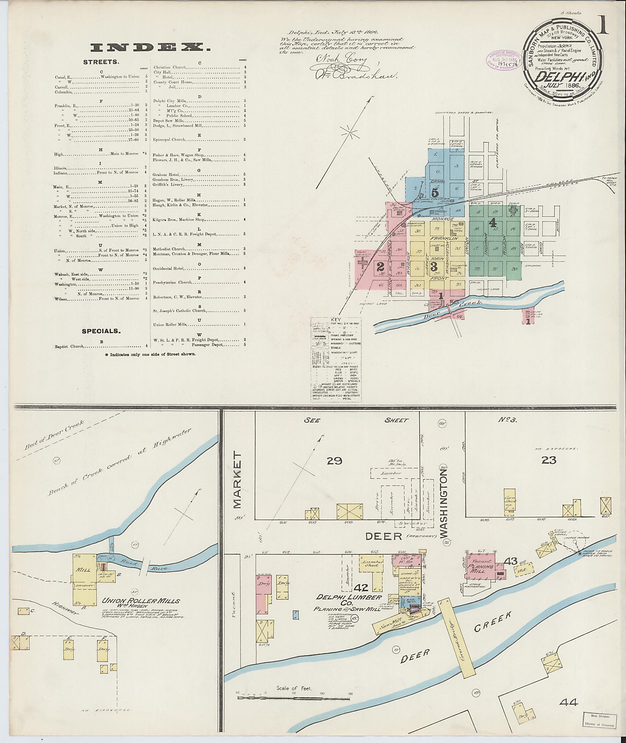 This old map of Delphi, Carroll County, Indiana was created by Sanborn Map Company in 1886