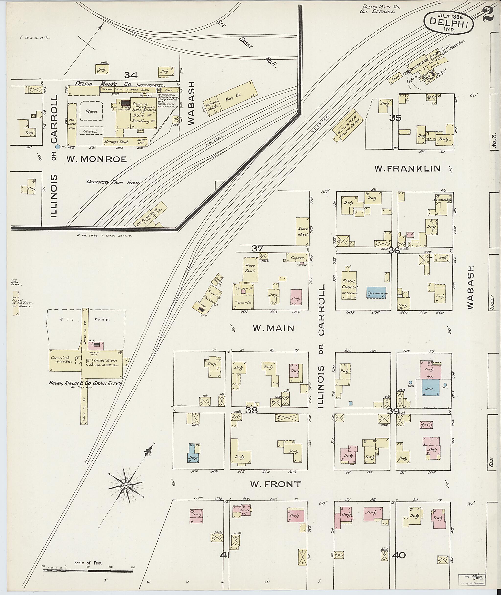 This old map of Delphi, Carroll County, Indiana was created by Sanborn Map Company in 1886