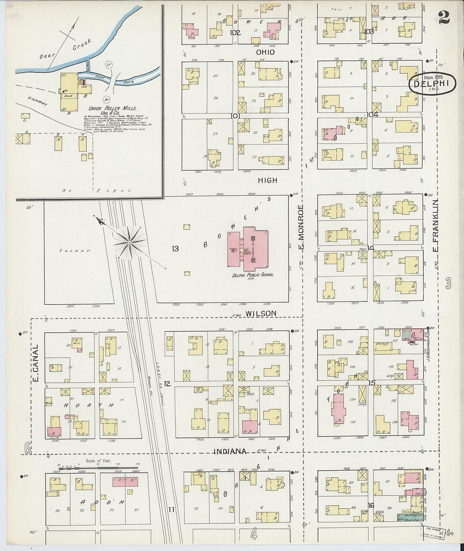 This old map of Delphi, Carroll County, Indiana was created by Sanborn Map Company in 1893