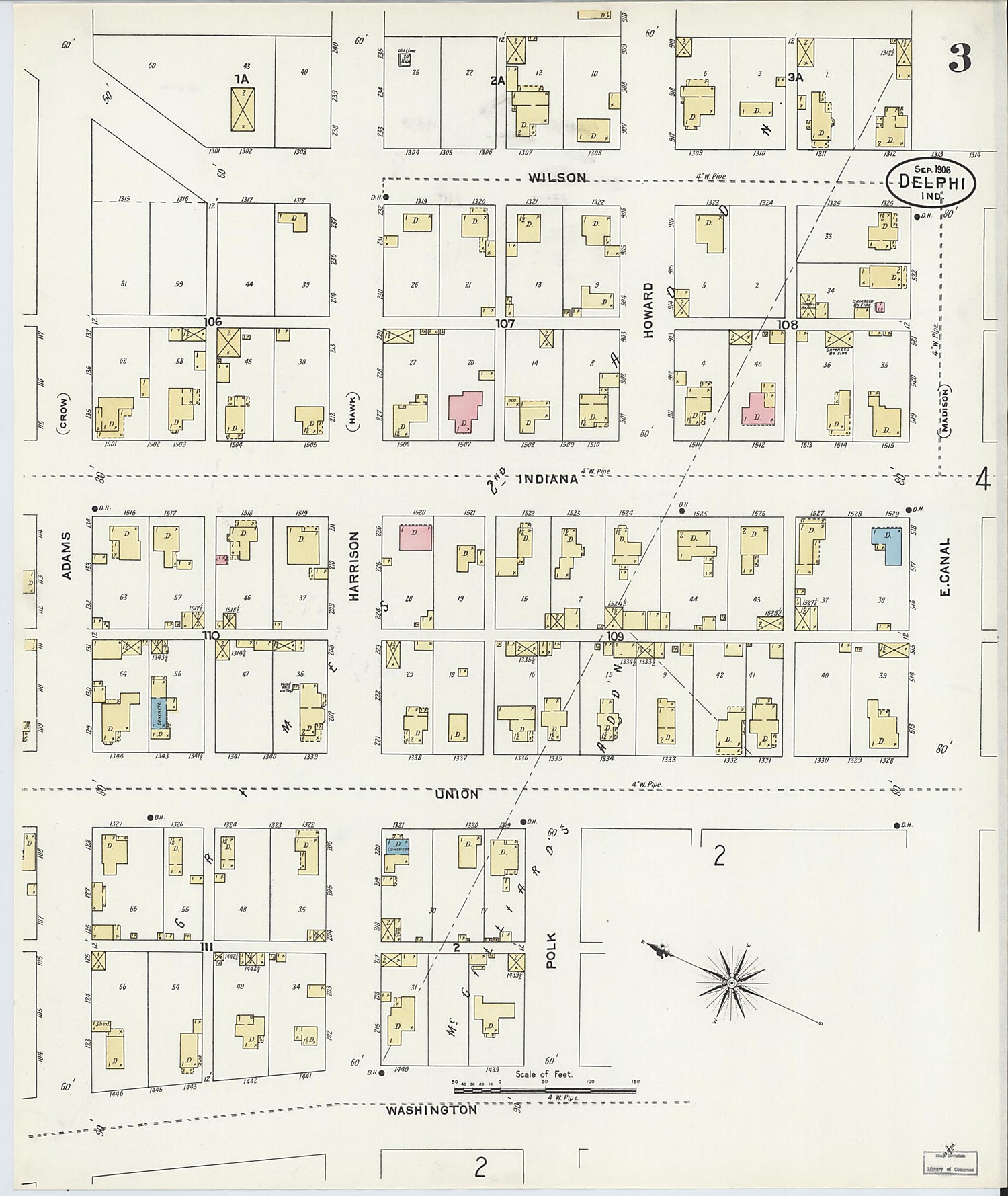 This old map of Delphi, Carroll County, Indiana was created by Sanborn Map Company in 1906