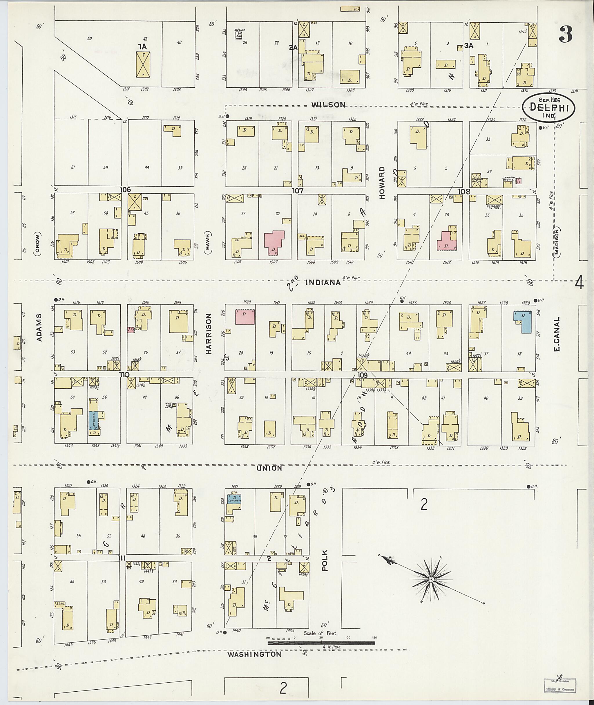 This old map of Delphi, Carroll County, Indiana was created by Sanborn Map Company in 1906