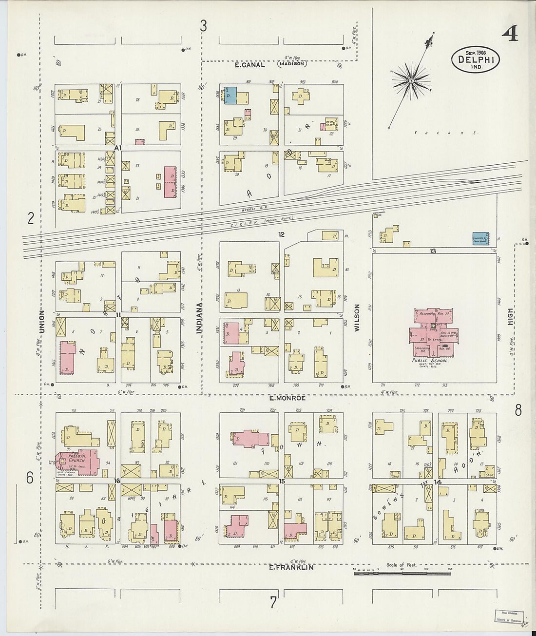 This old map of Delphi, Carroll County, Indiana was created by Sanborn Map Company in 1906