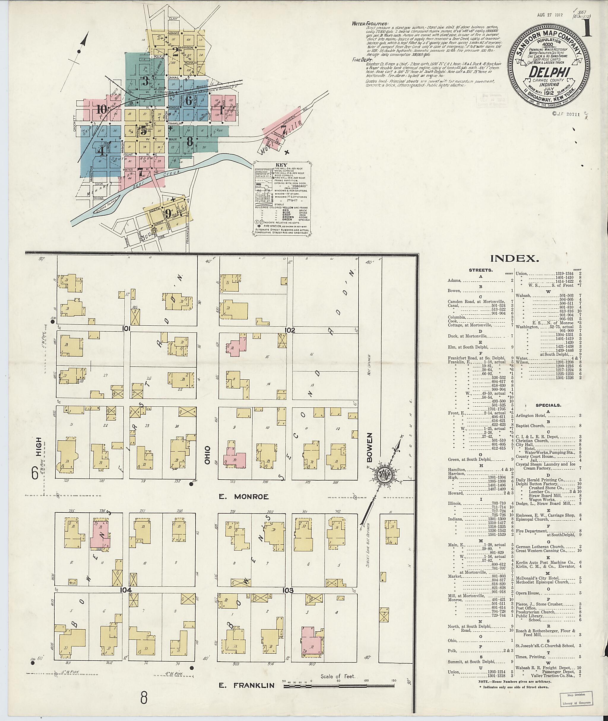 This old map of Delphi, Carroll County, Indiana was created by Sanborn Map Company in 1912