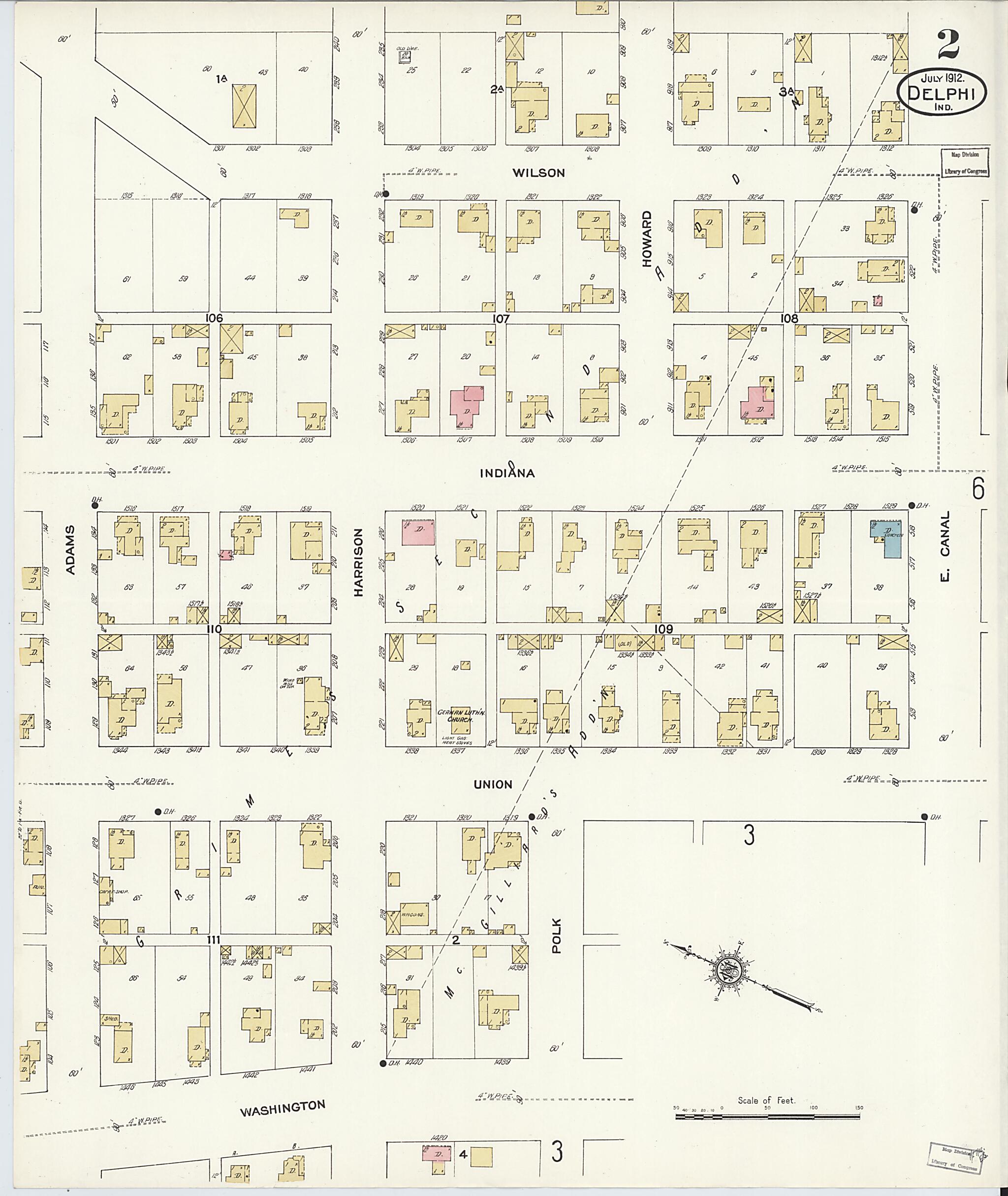 This old map of Delphi, Carroll County, Indiana was created by Sanborn Map Company in 1912