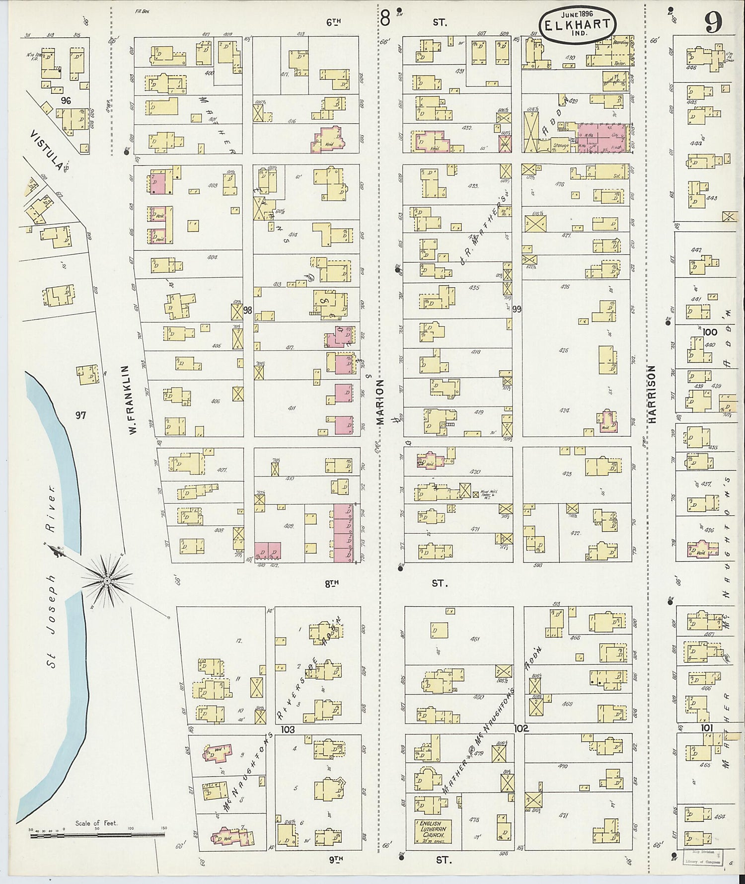 This old map of Elkhart, Elkhart County, Indiana was created by Sanborn Map Company in 1896