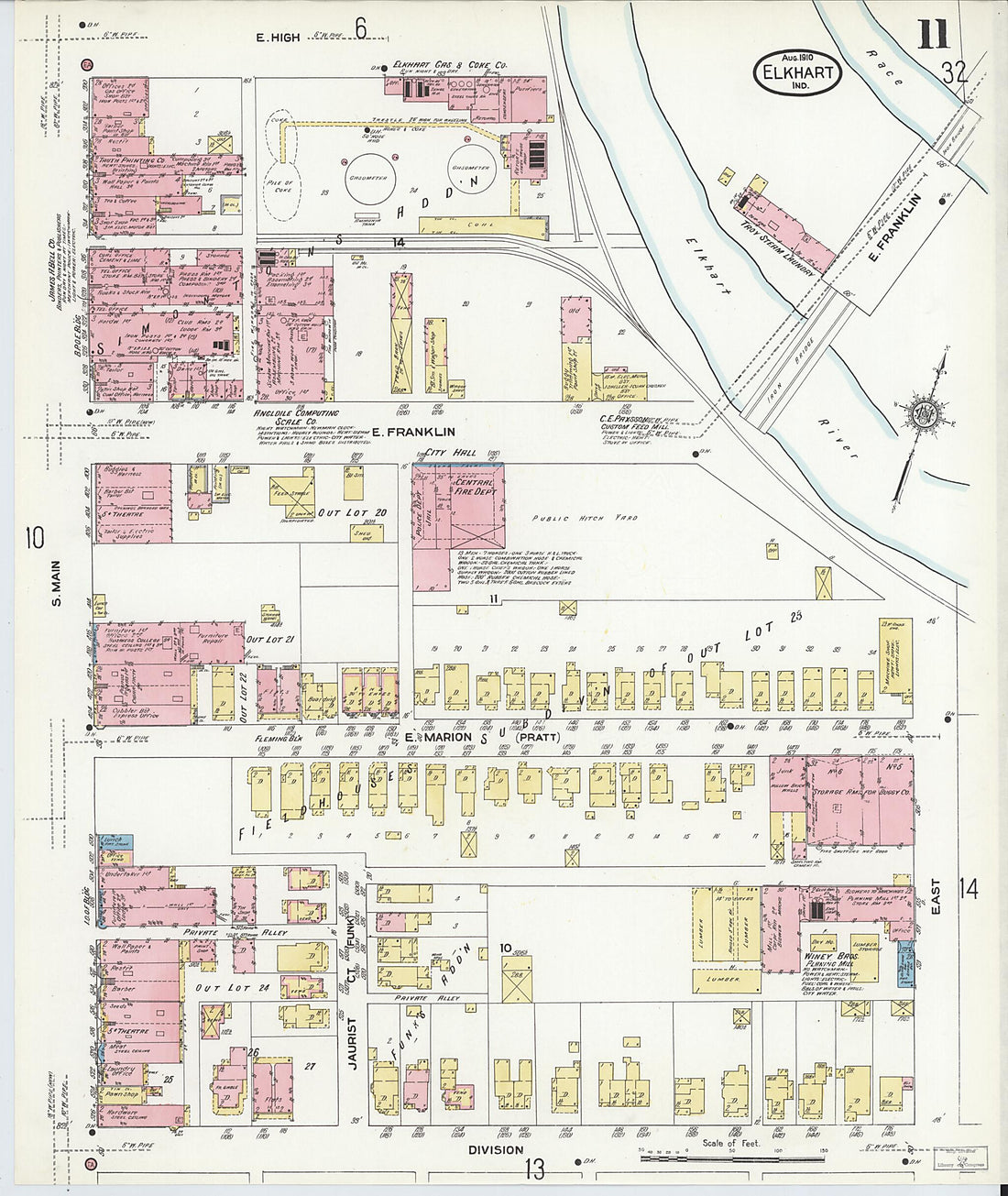 This old map of Elkhart, Elkhart County, Indiana was created by Sanborn Map Company in 1910