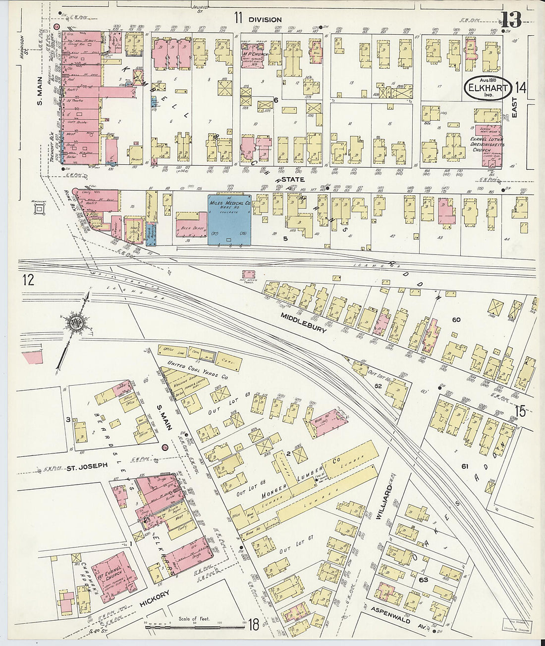 This old map of Elkhart, Elkhart County, Indiana was created by Sanborn Map Company in 1910