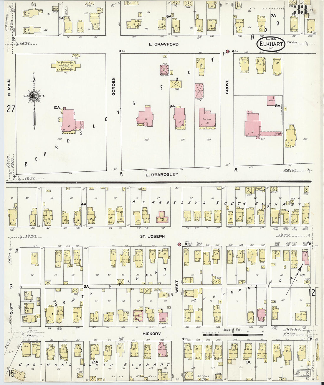 This old map of Elkhart, Elkhart County, Indiana was created by Sanborn Map Company in 1910