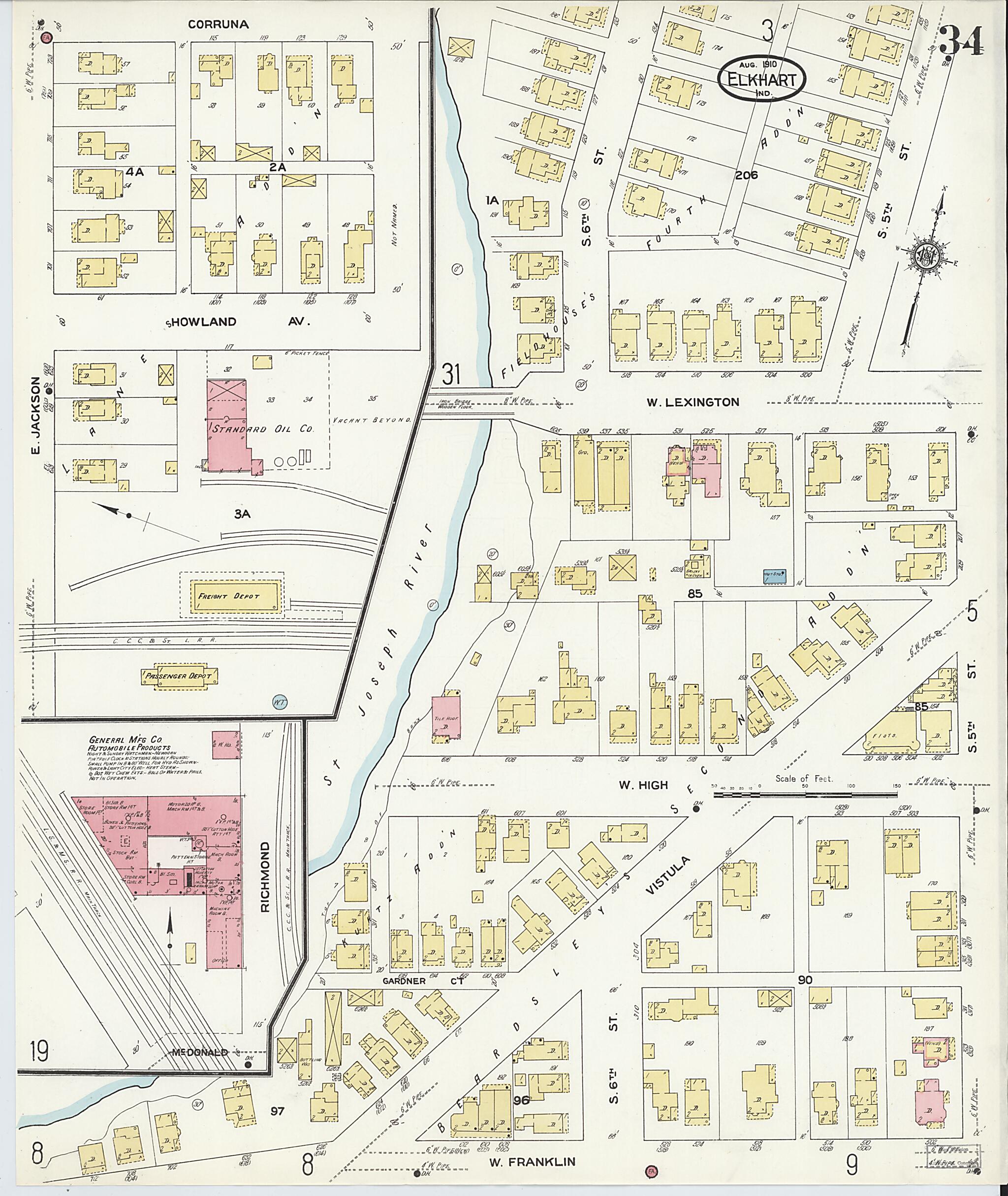 This old map of Elkhart, Elkhart County, Indiana was created by Sanborn Map Company in 1910