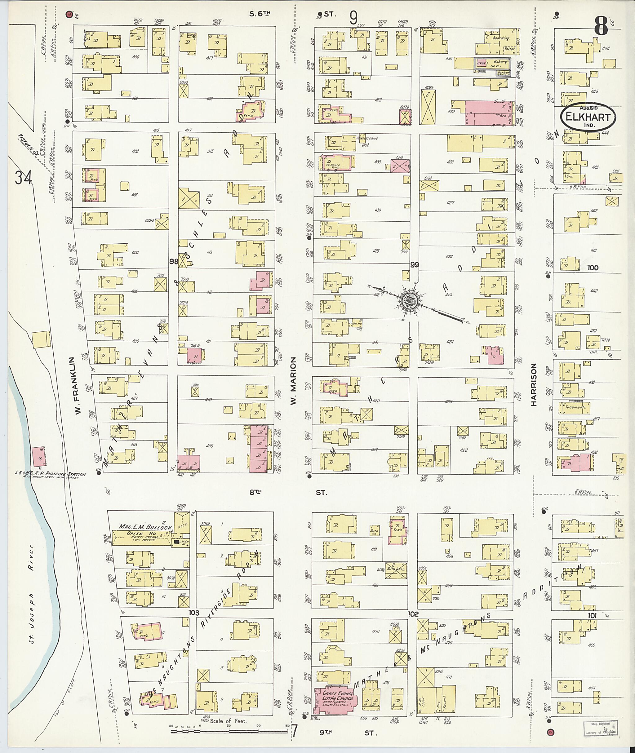 This old map of Elkhart, Elkhart County, Indiana was created by Sanborn Map Company in 1910