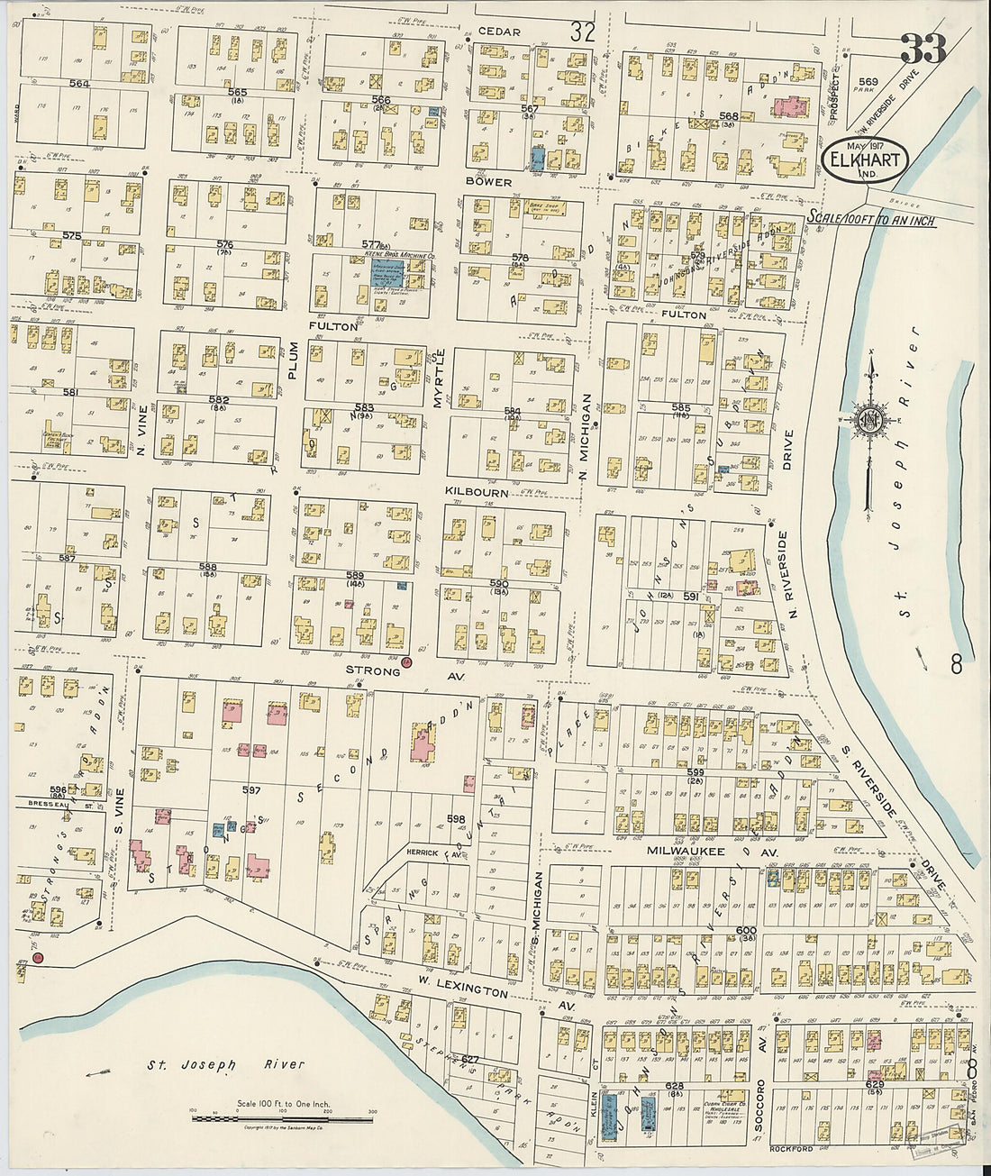 This old map of Elkhart, Elkhart County, Indiana was created by Sanborn Map Company in 1917