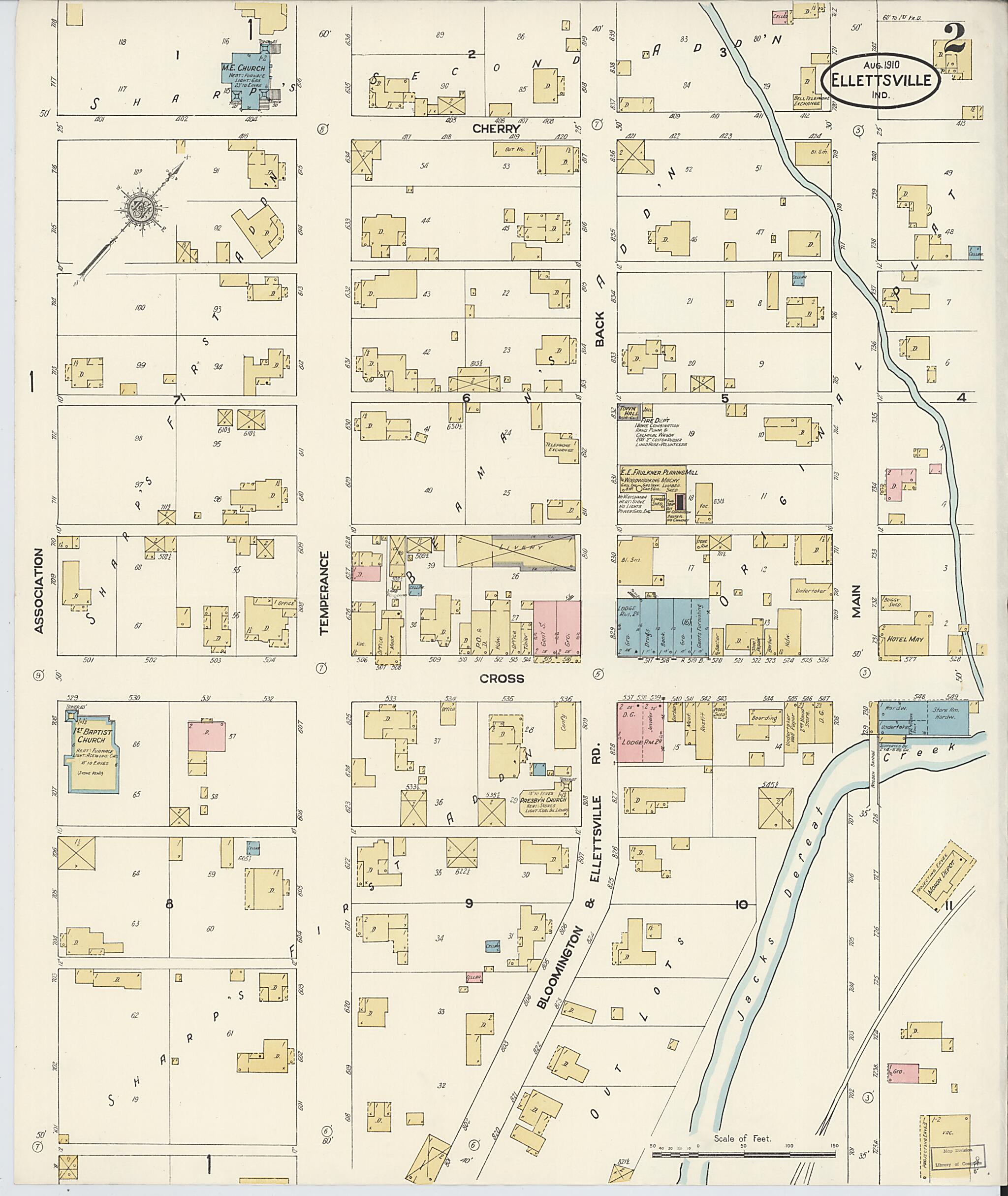 This old map of Ellettsville, Monroe County, Indiana was created by Sanborn Map Company in 1910