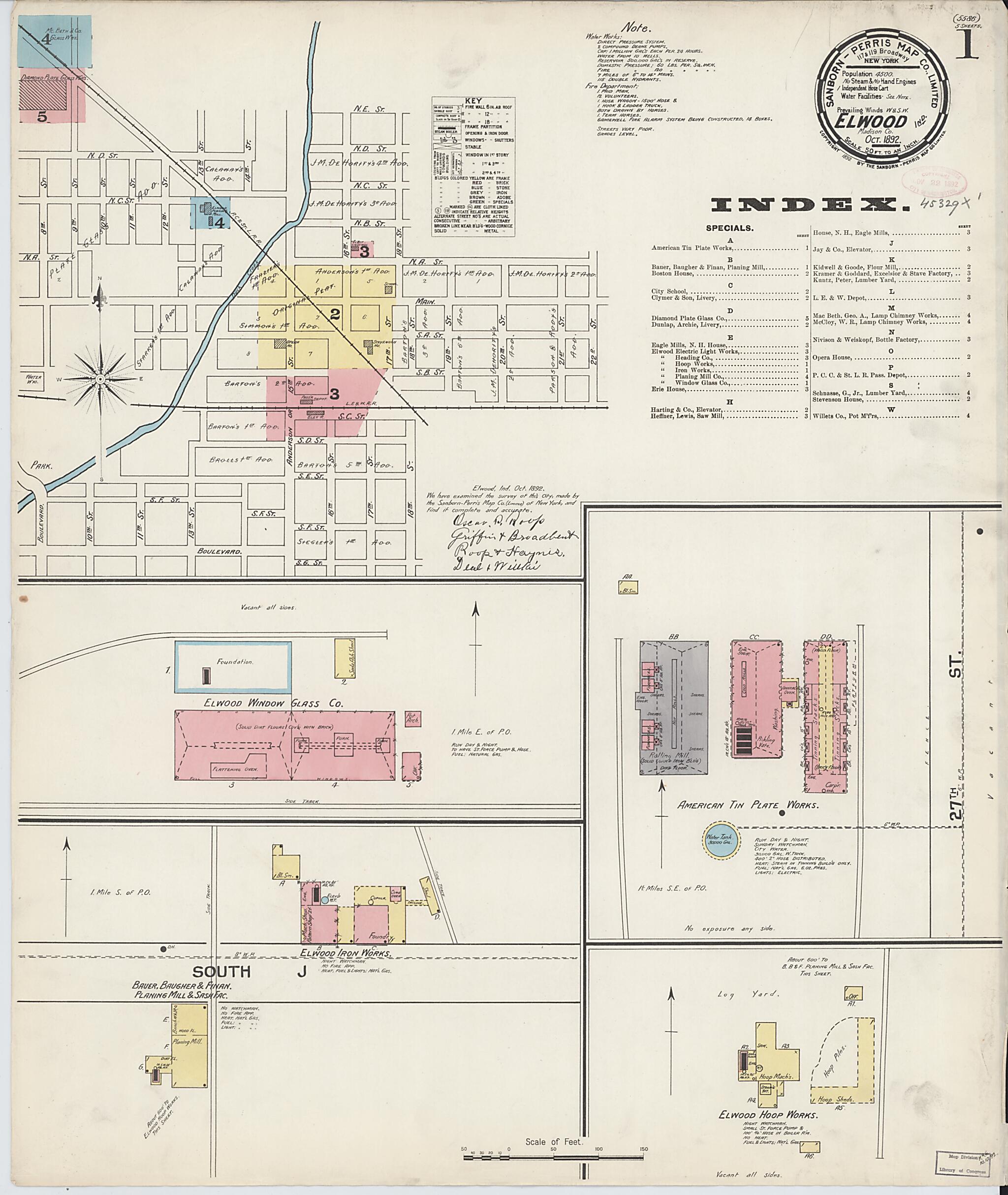 This old map of Elwood, Madison County, Indiana was created by Sanborn Map Company in 1892