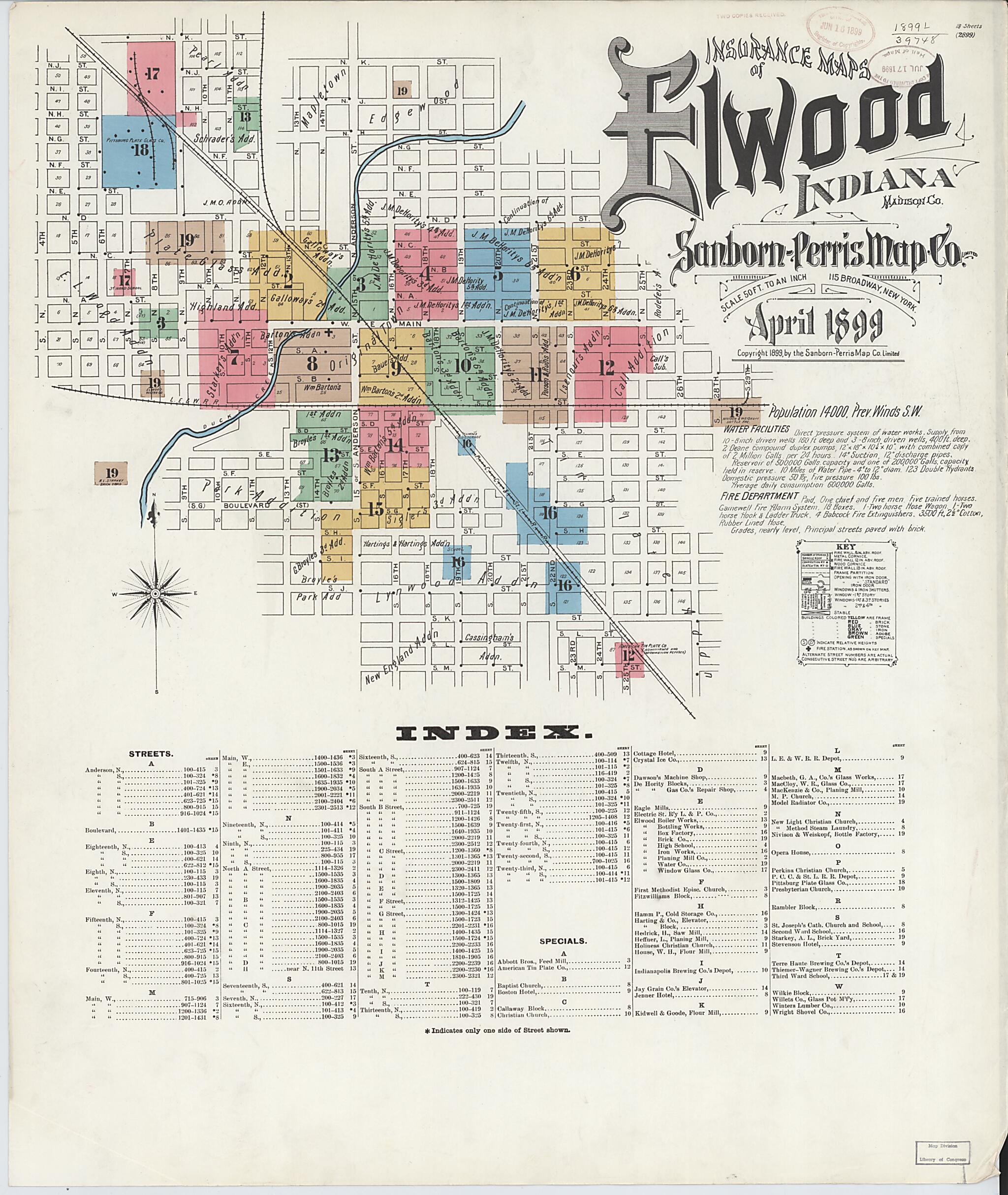 This old map of Elwood, Madison County, Indiana was created by Sanborn Map Company in 1899