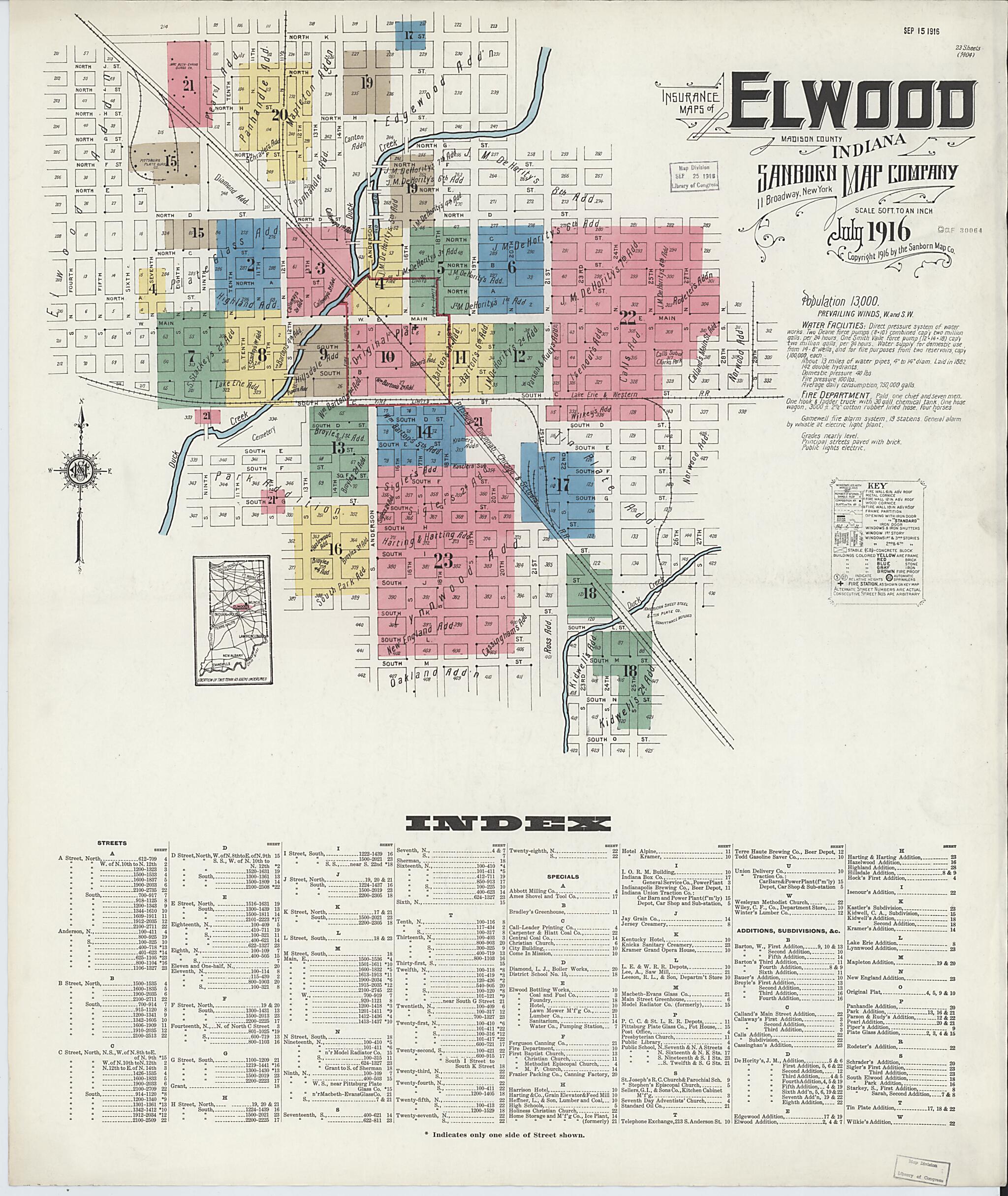 This old map of Elwood, Madison County, Indiana was created by Sanborn Map Company in 1916