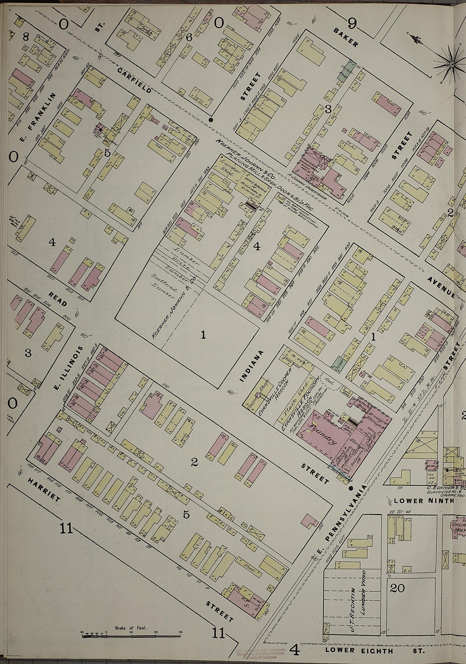 This old map of Evansville, Vanderburgh County, Indiana was created by Sanborn Map Company in 1884