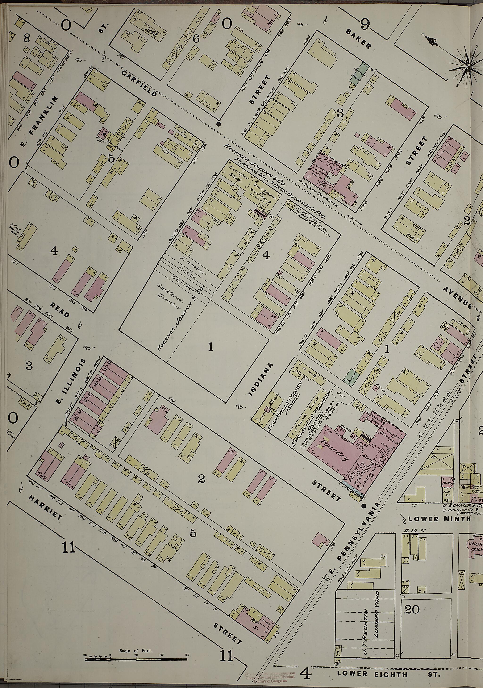 This old map of Evansville, Vanderburgh County, Indiana was created by Sanborn Map Company in 1884